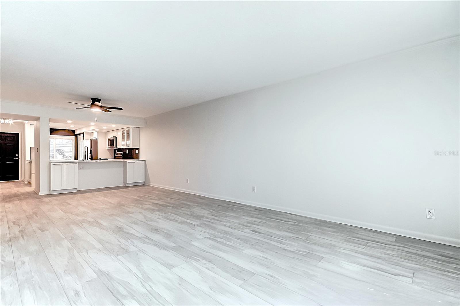 Chef's kitchen, dining and living area.