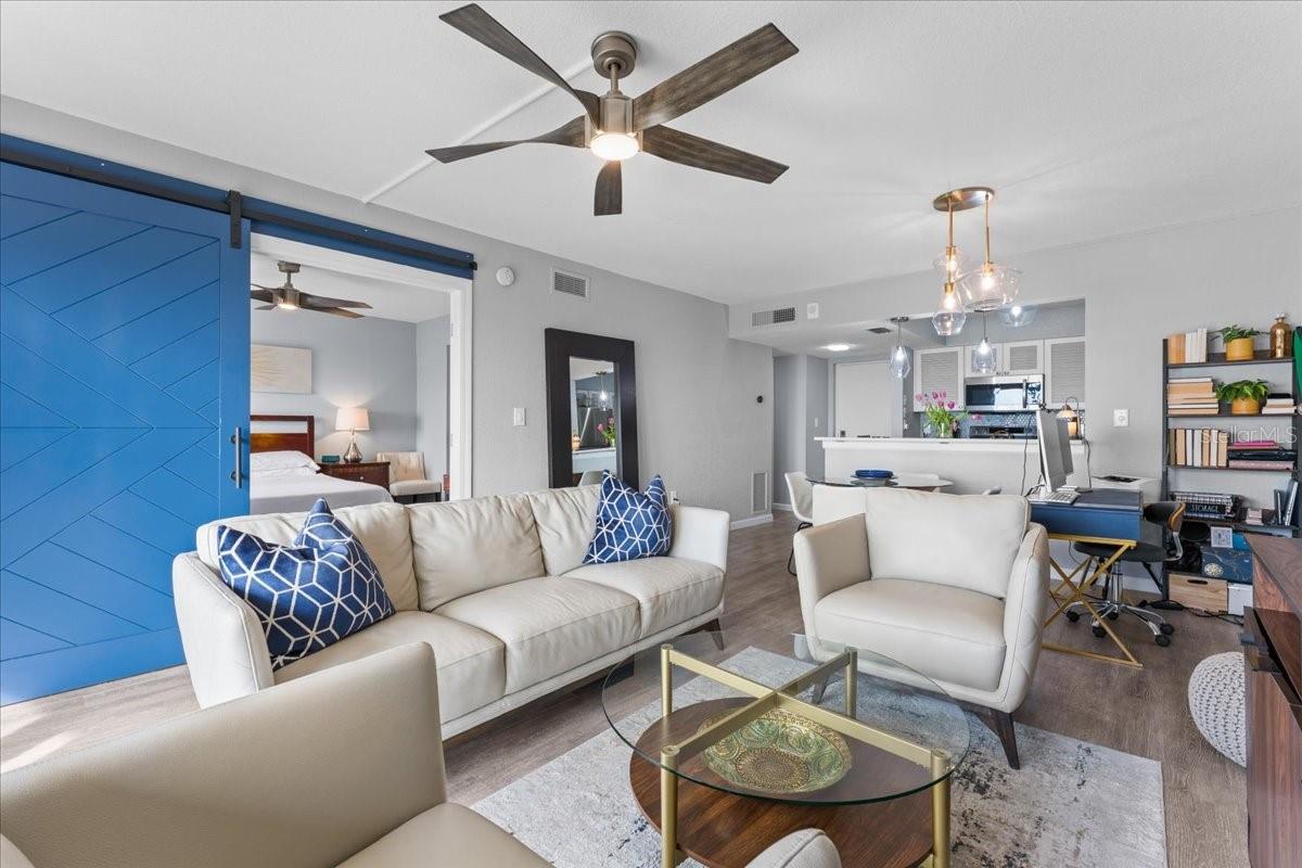 Custom barndoor offers ease & privacy from the living space