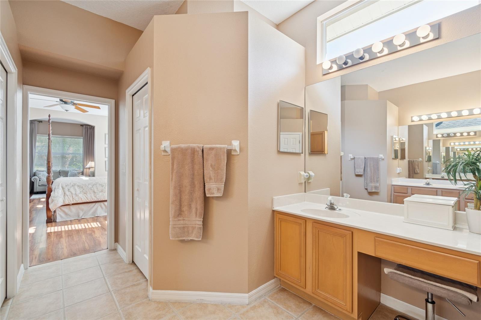 VANITY ONE WITH VIEW OF TWO WALK-IN CLOSETS AND BEDROOM