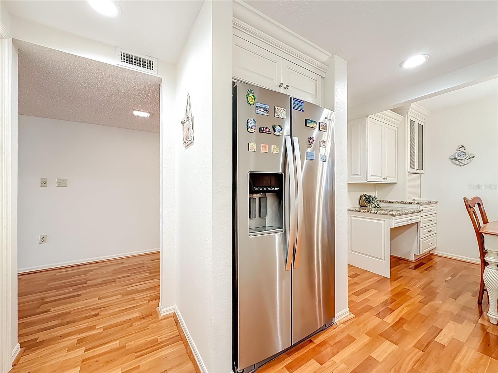 This shows the refrigerator location and gives you a view of the desk area.