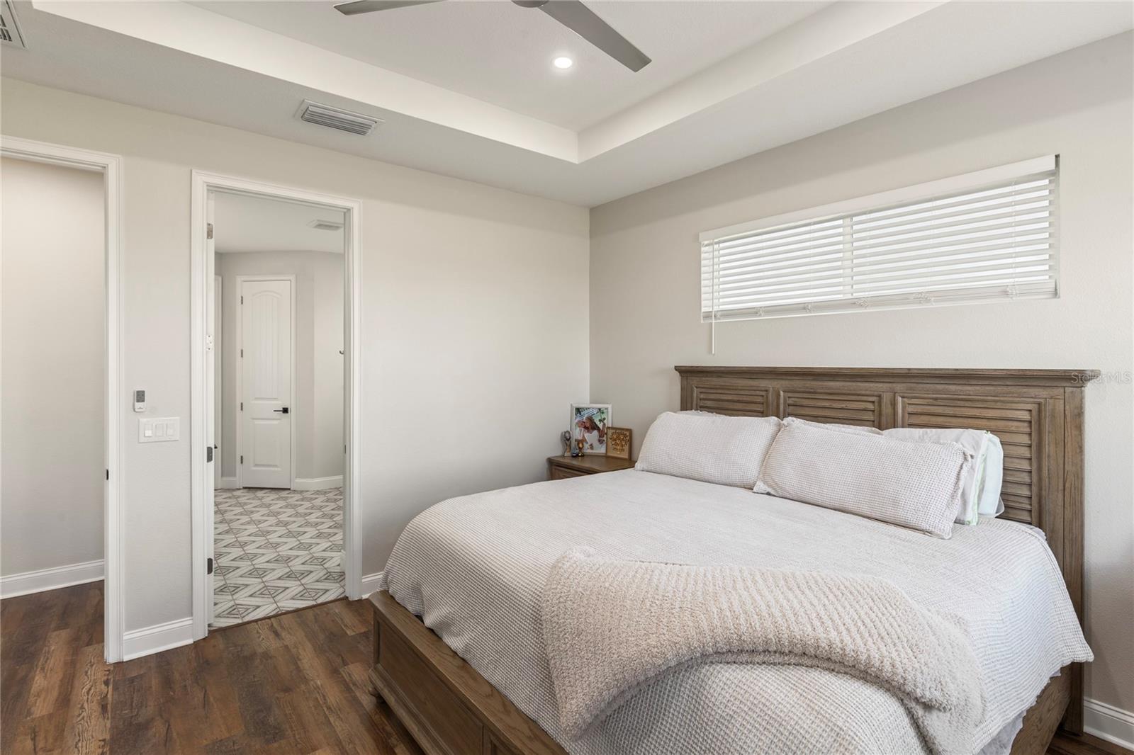 Primary bedroom with tray cceilings
