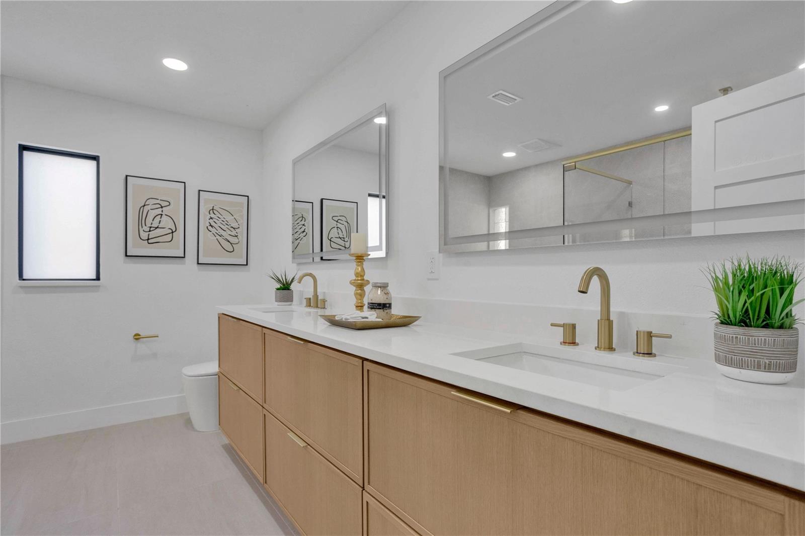 Primary Bathroom, dual vanity, separate soaking tub and shower