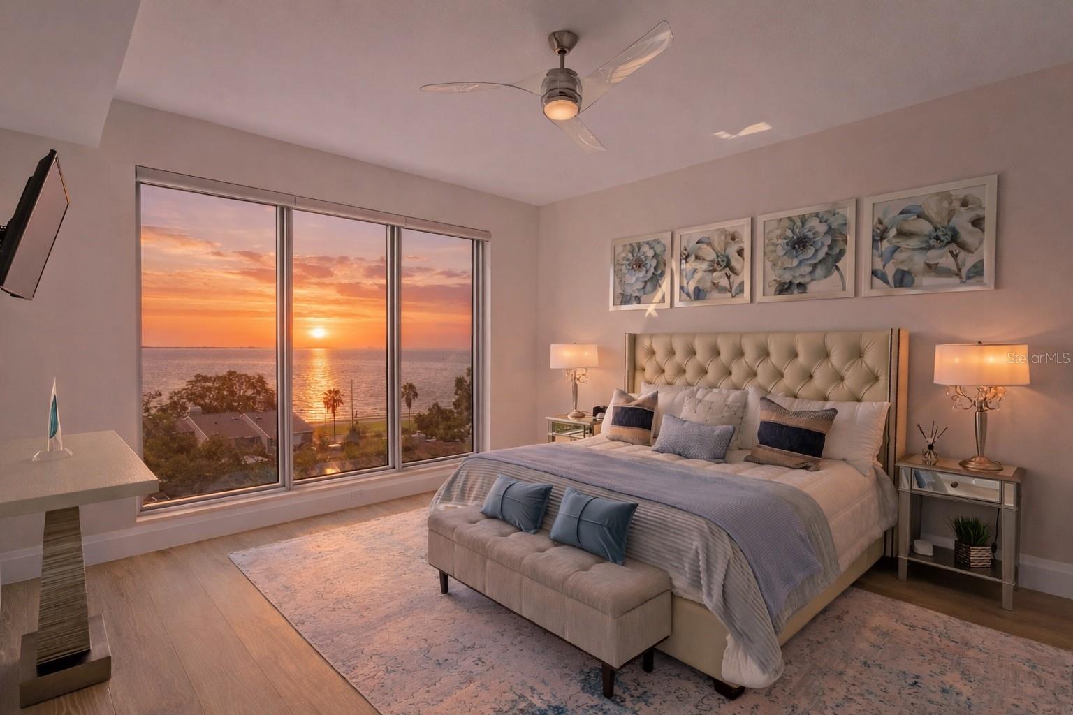 Sunset views from primary bedroom and living areas