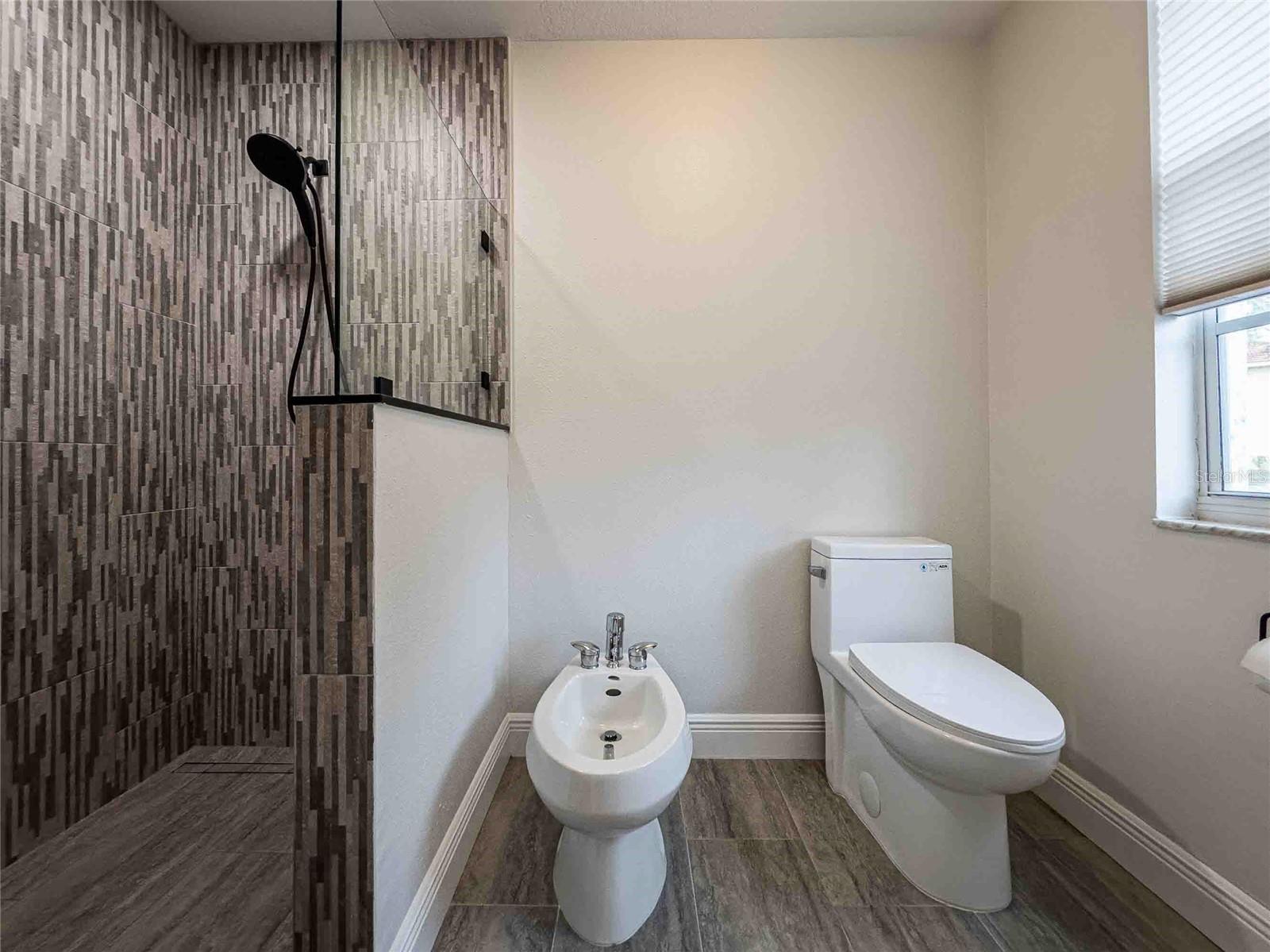 Another view of the shower, bidet and upgraded toilet.