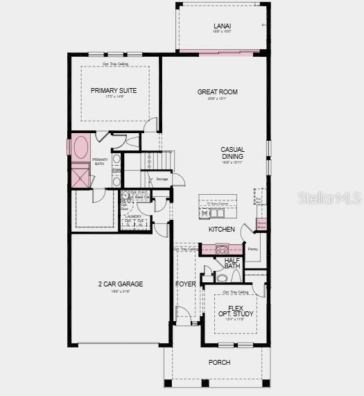 First Floor Plan - Additional Highlights Include: Gourmet kitchen, pocket sliding door at great room, deluxe primary bath with garden tub, 8' interior doors, door at primary closet to laundry room, canvas oak treads with white painted risers, and keyless pad garage door opener