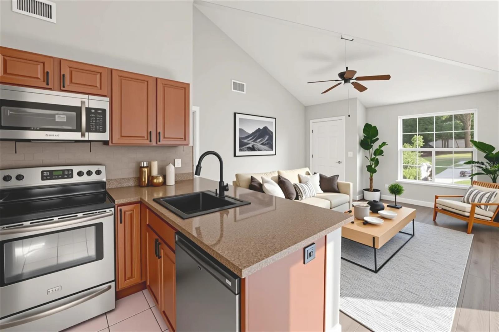 Kitchen looking back at family room staged
