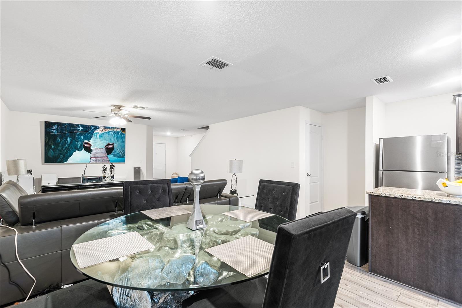 Dining, living, kitchen