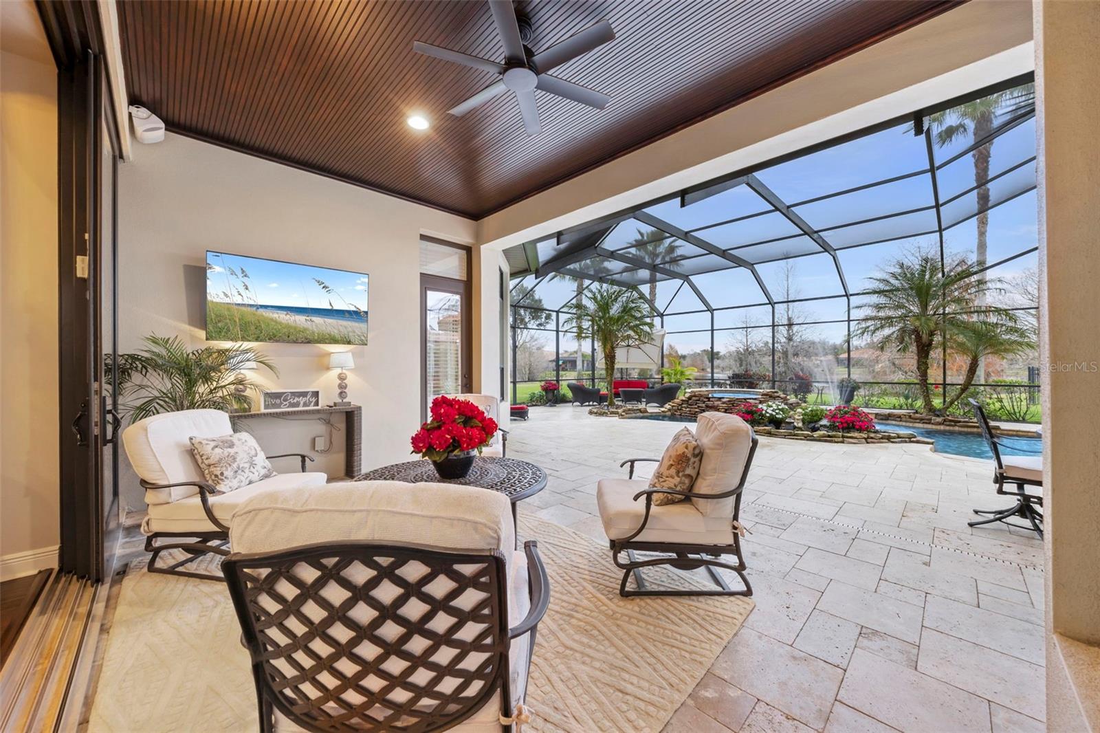 Lanai with travertine flooring