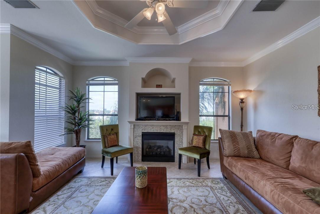 High Ceilings/Living area with fireplace