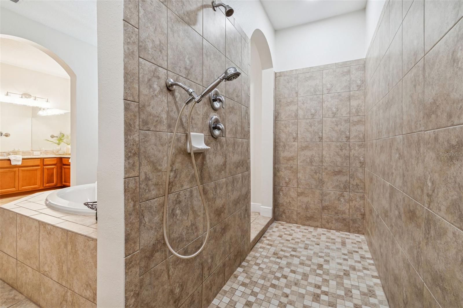Walk through shower in the primary bathroom