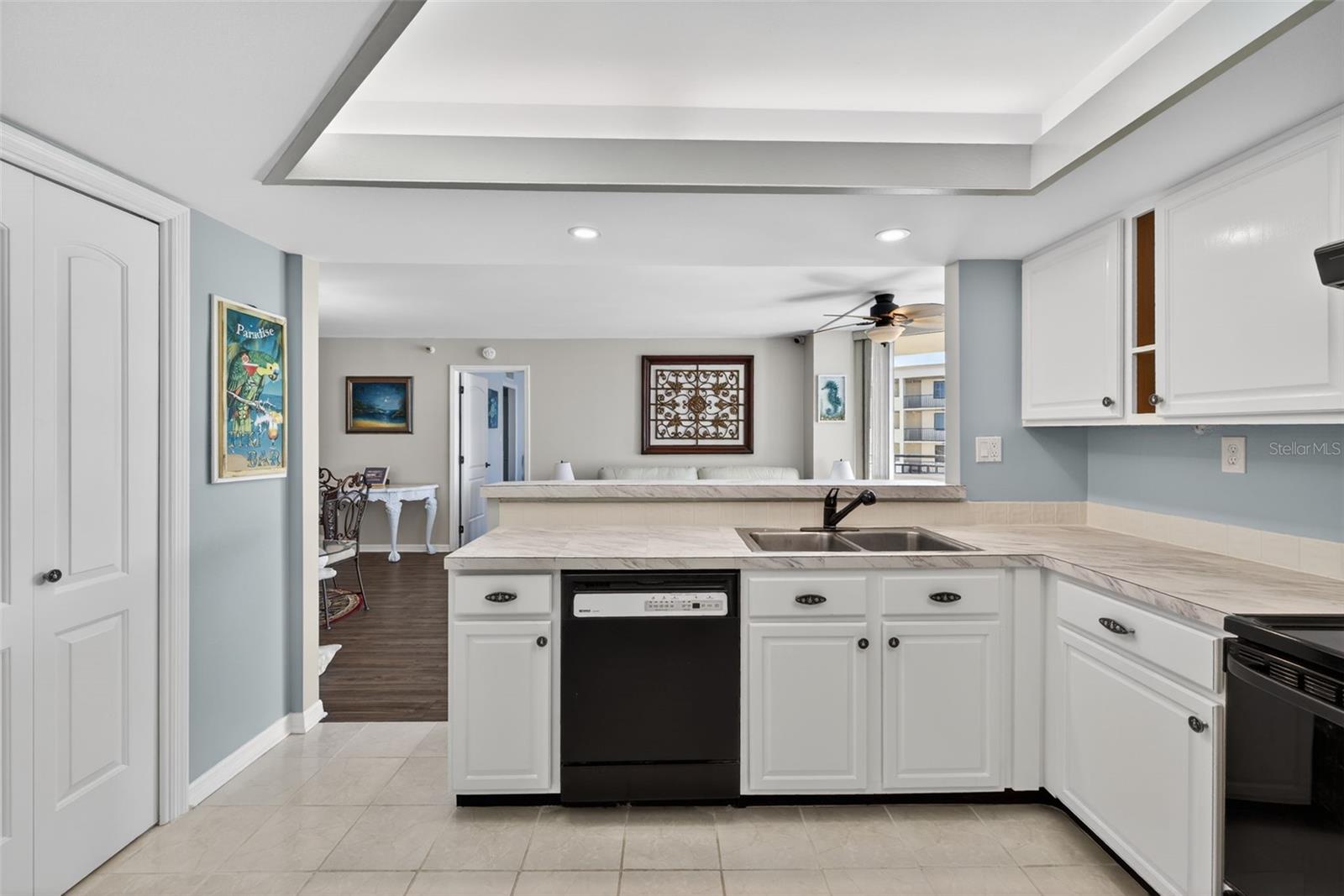 Kitchen facing living area