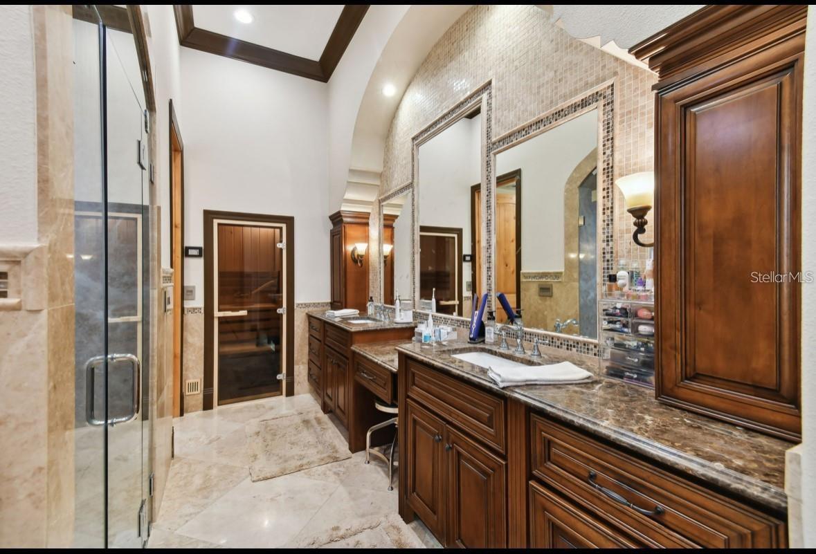 primary bath with sauna on back wall