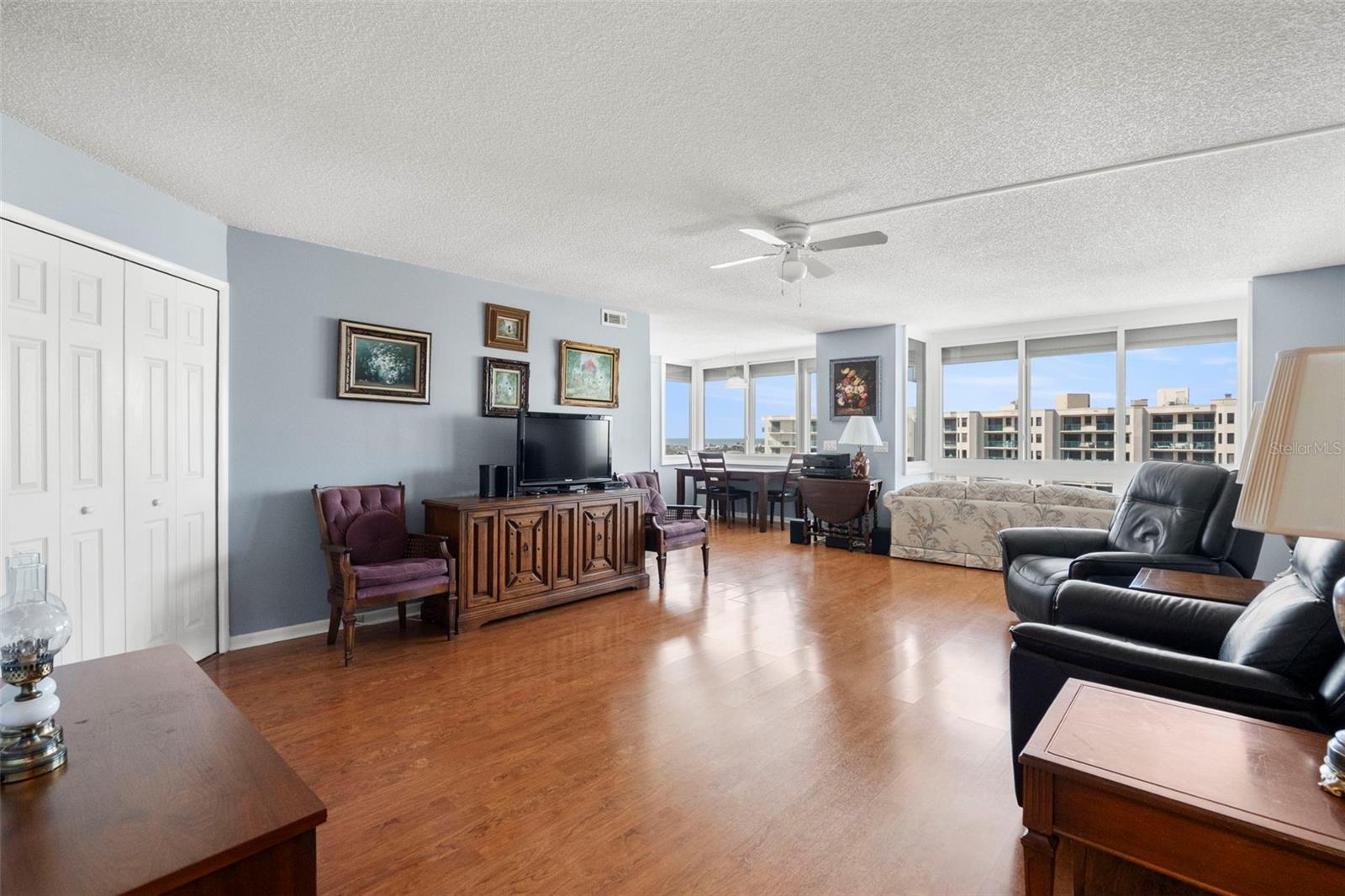 Living room has luxury vinyl plank flooring