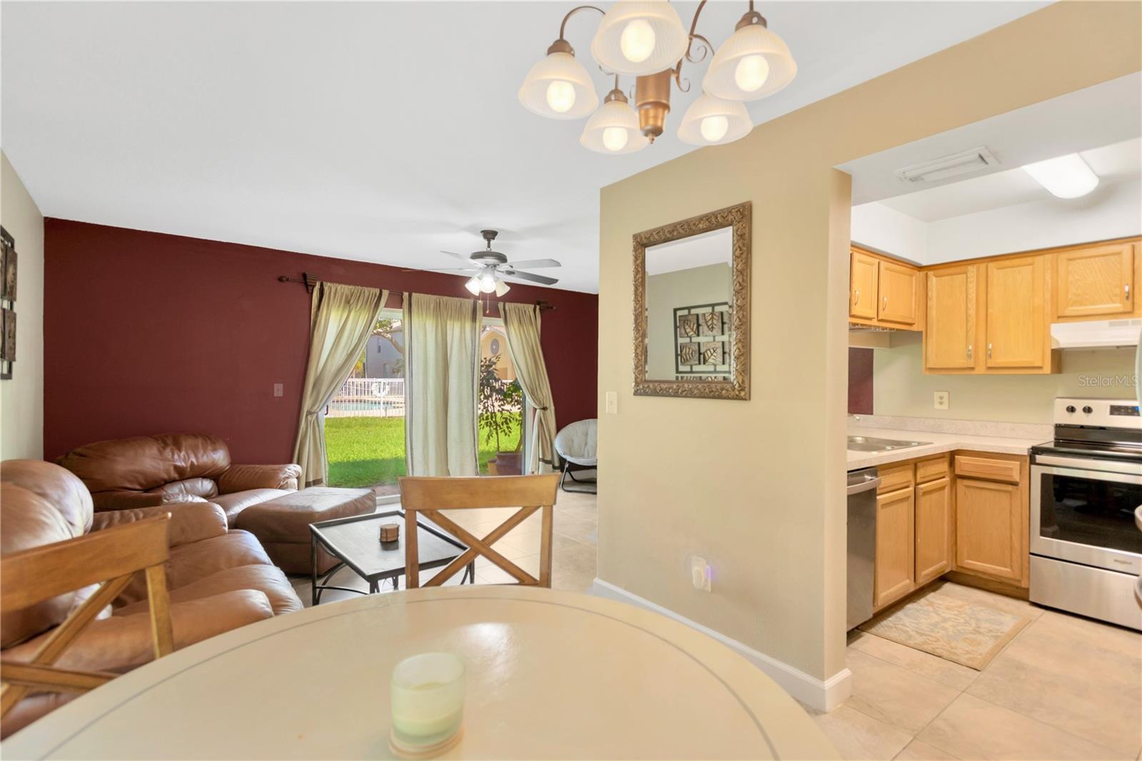 Fully appointed kitchen with stainless steel appliances.