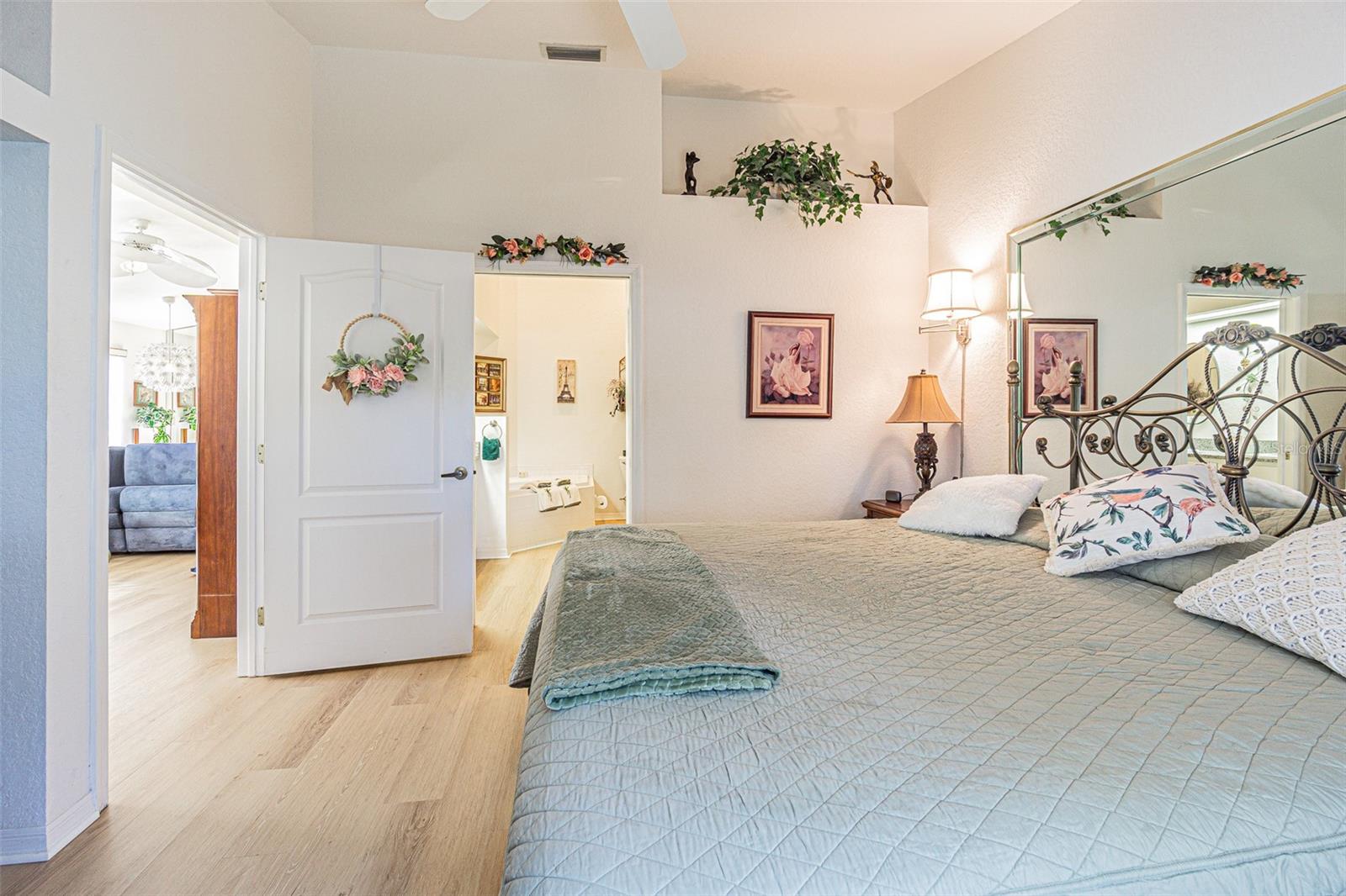 Primary Bedroom just off the living room, with an Ensuite bathroom and walk in closet.
