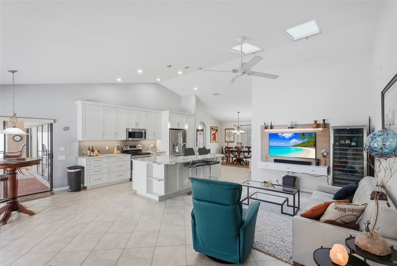 Kitchen and leisure room.  Check out the two skylights.