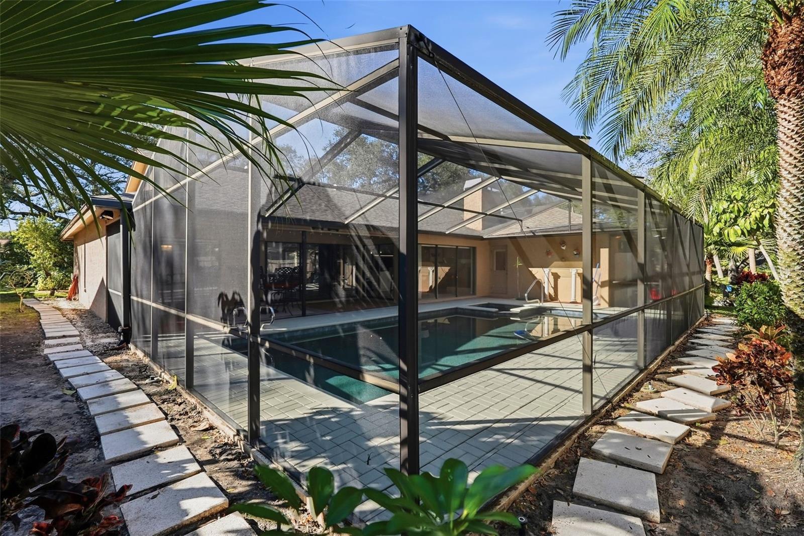 Corner of landscaped backyard.