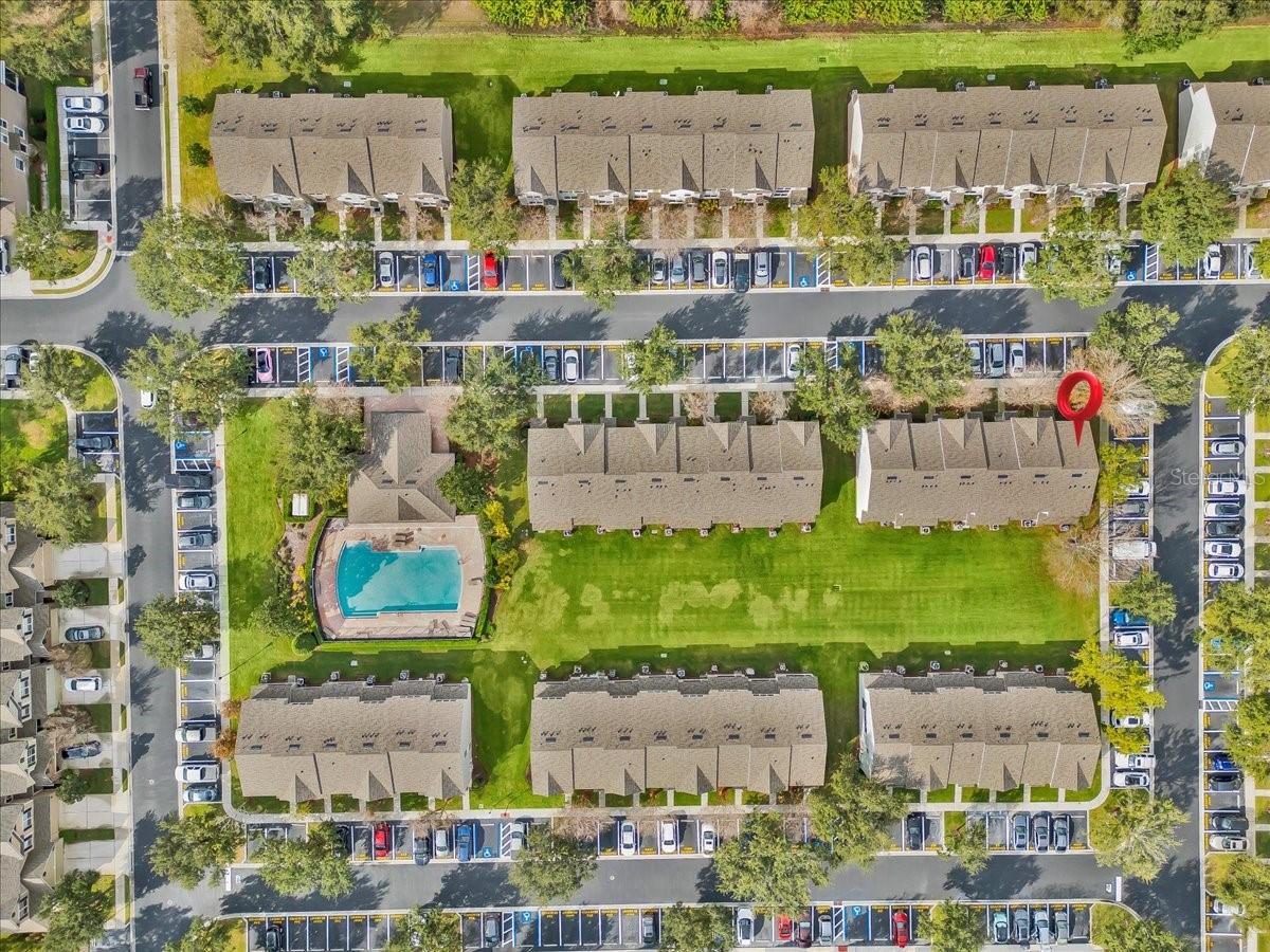 Greenspace, pool, and parking layout