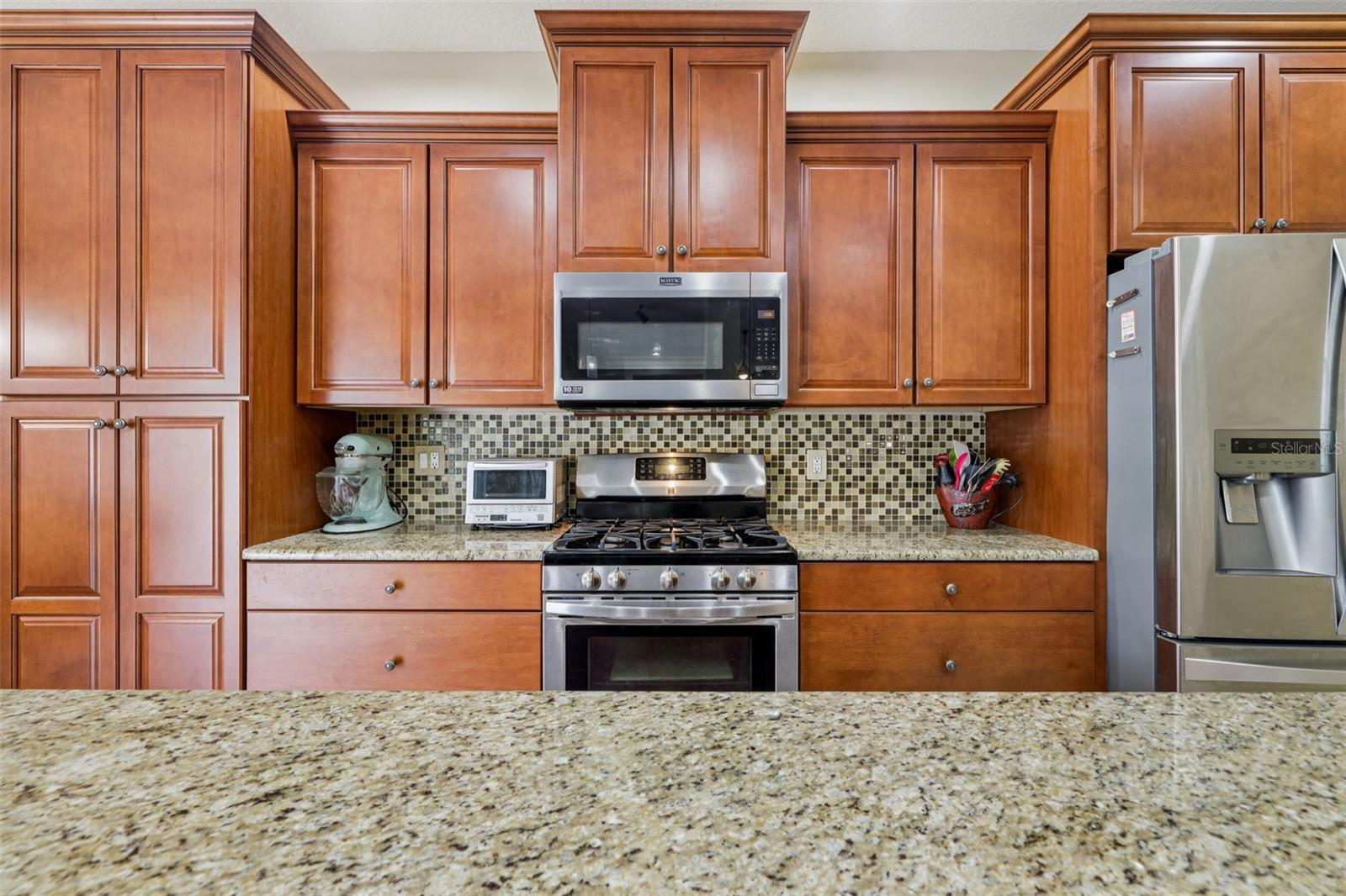 Beautiful kitchen with 42 inch cabinets, wood pantry, granite, backsplash and stainless steel appliances (oven is gas)