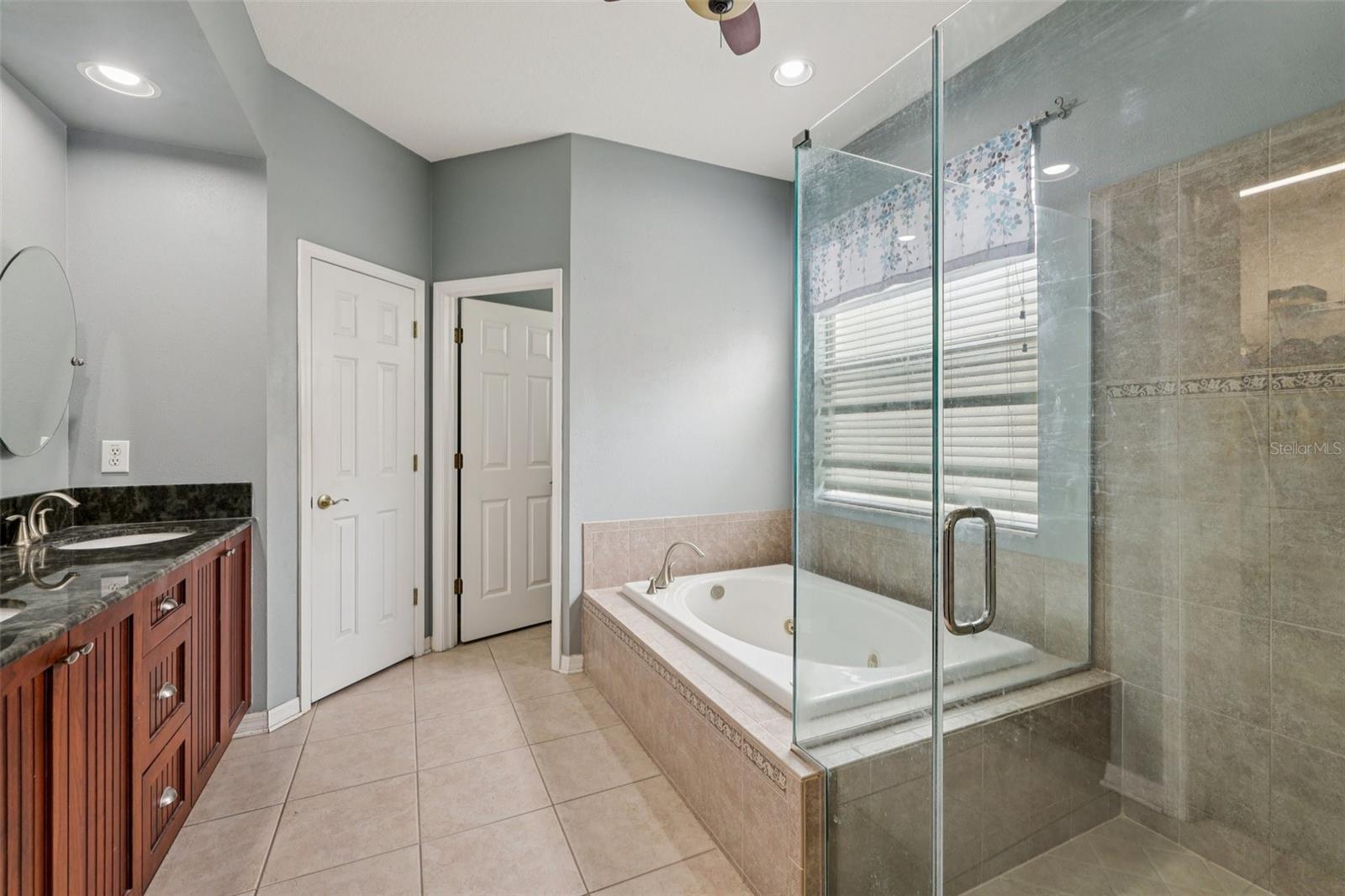 Primary bathroom with large walk in shower and jacuzzi tub and dual vanity