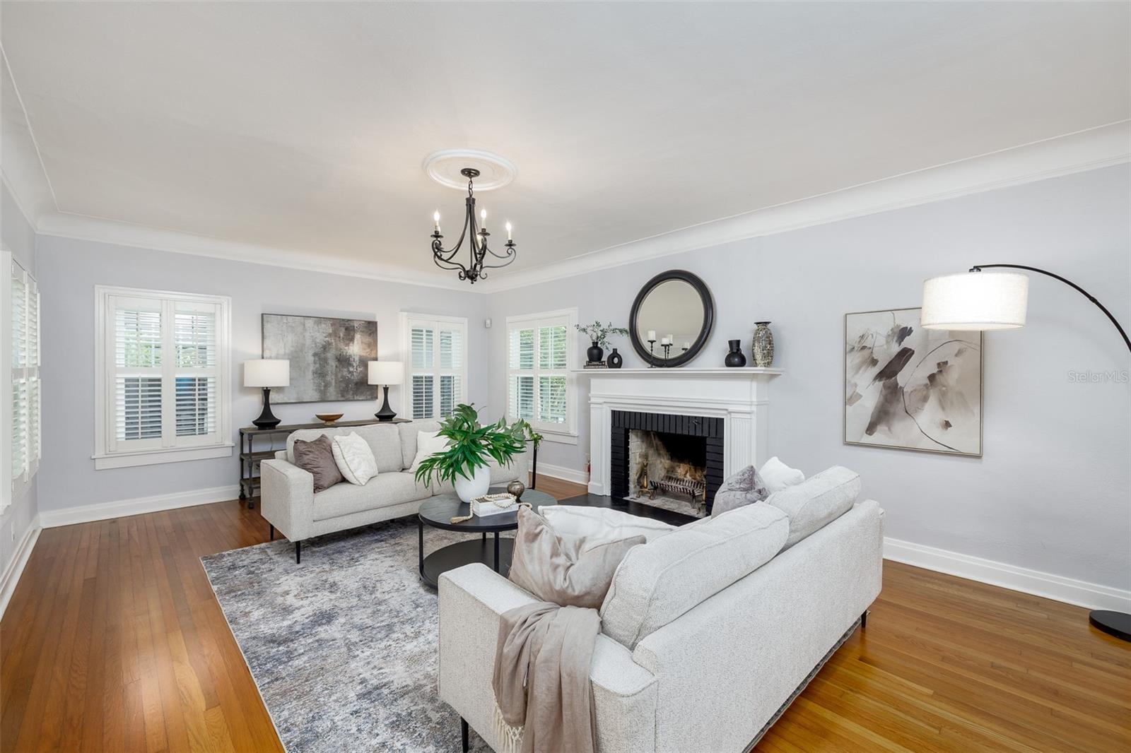 Formal Living room with wood burning fireplace