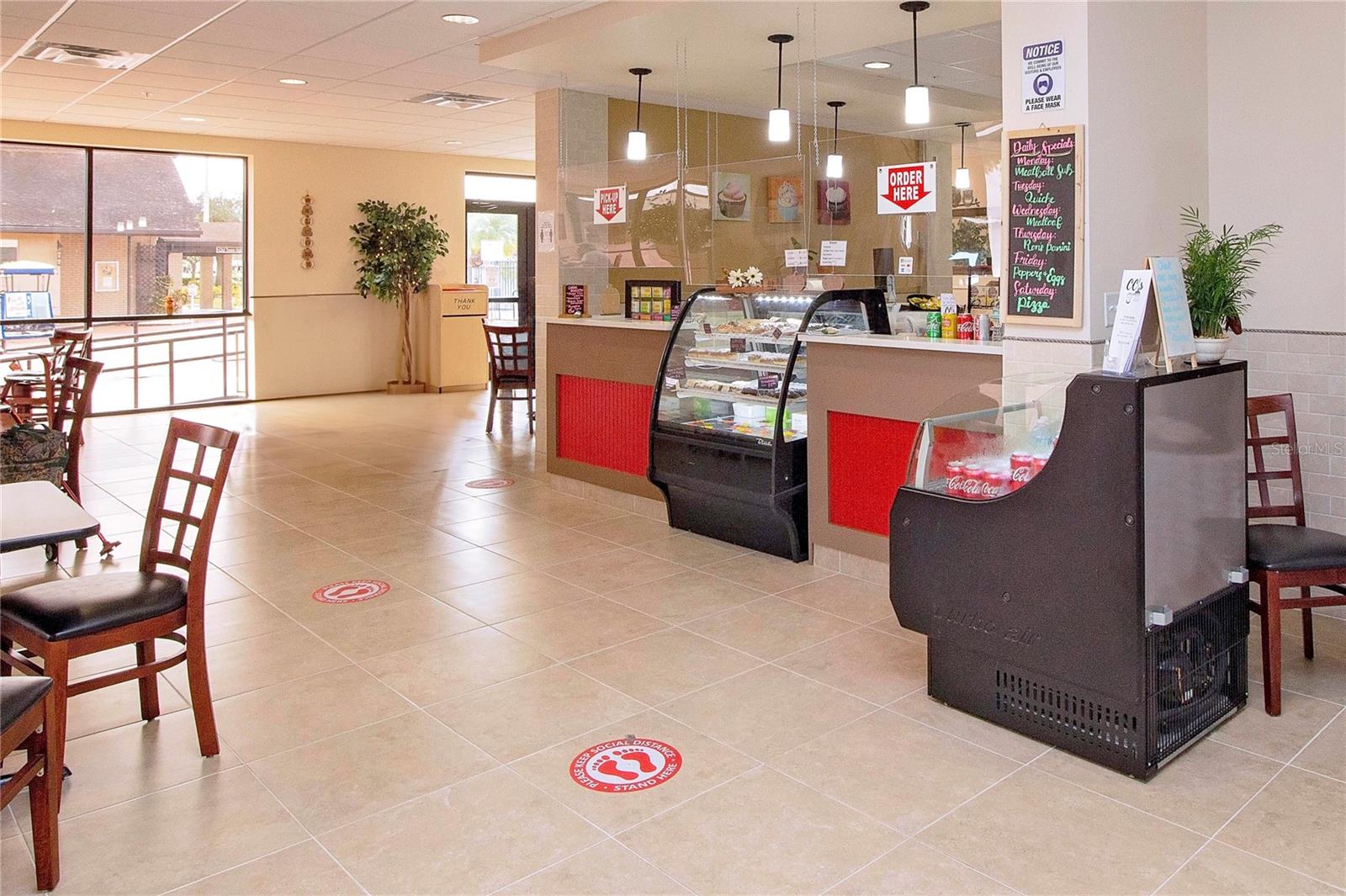 Cafe with inside and pool area entrance