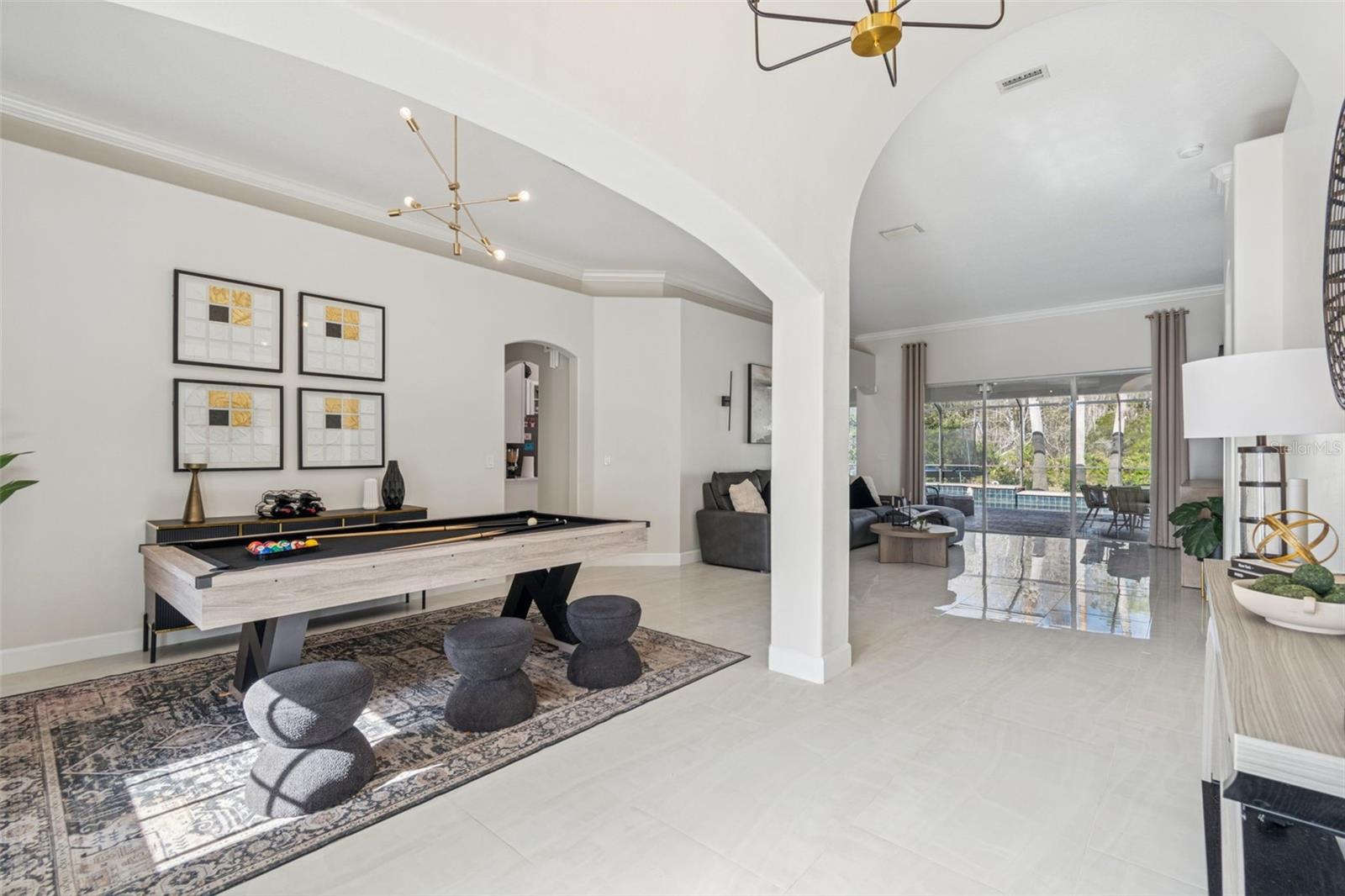 Open entertaining area, updated light fixtures.