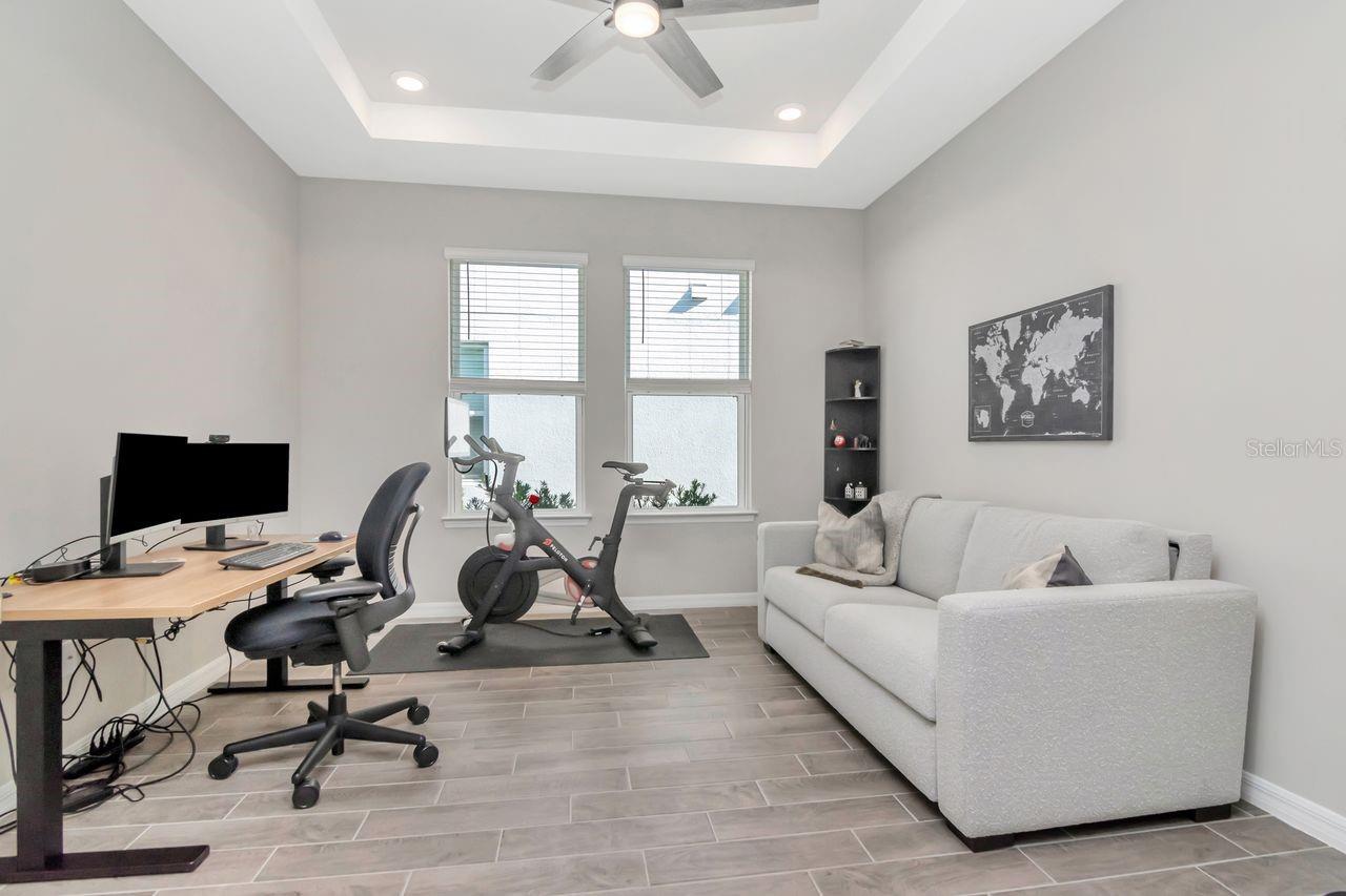 Office/Bonus Space with tray ceiling and french doors.