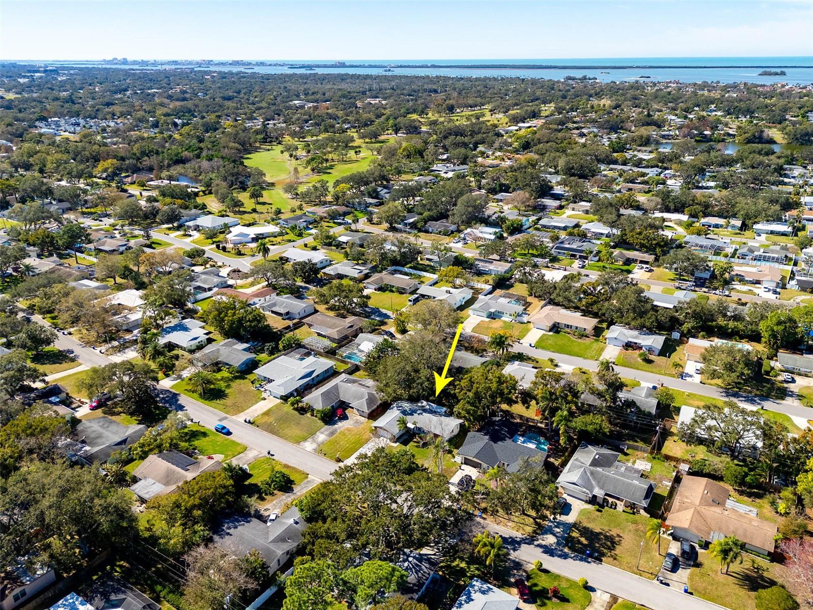 Aerial view showing at the top the Gulf of Mexico, just a few miles away!   You can also see the front 9 holes of the newly restored Dunedin Golf Club!