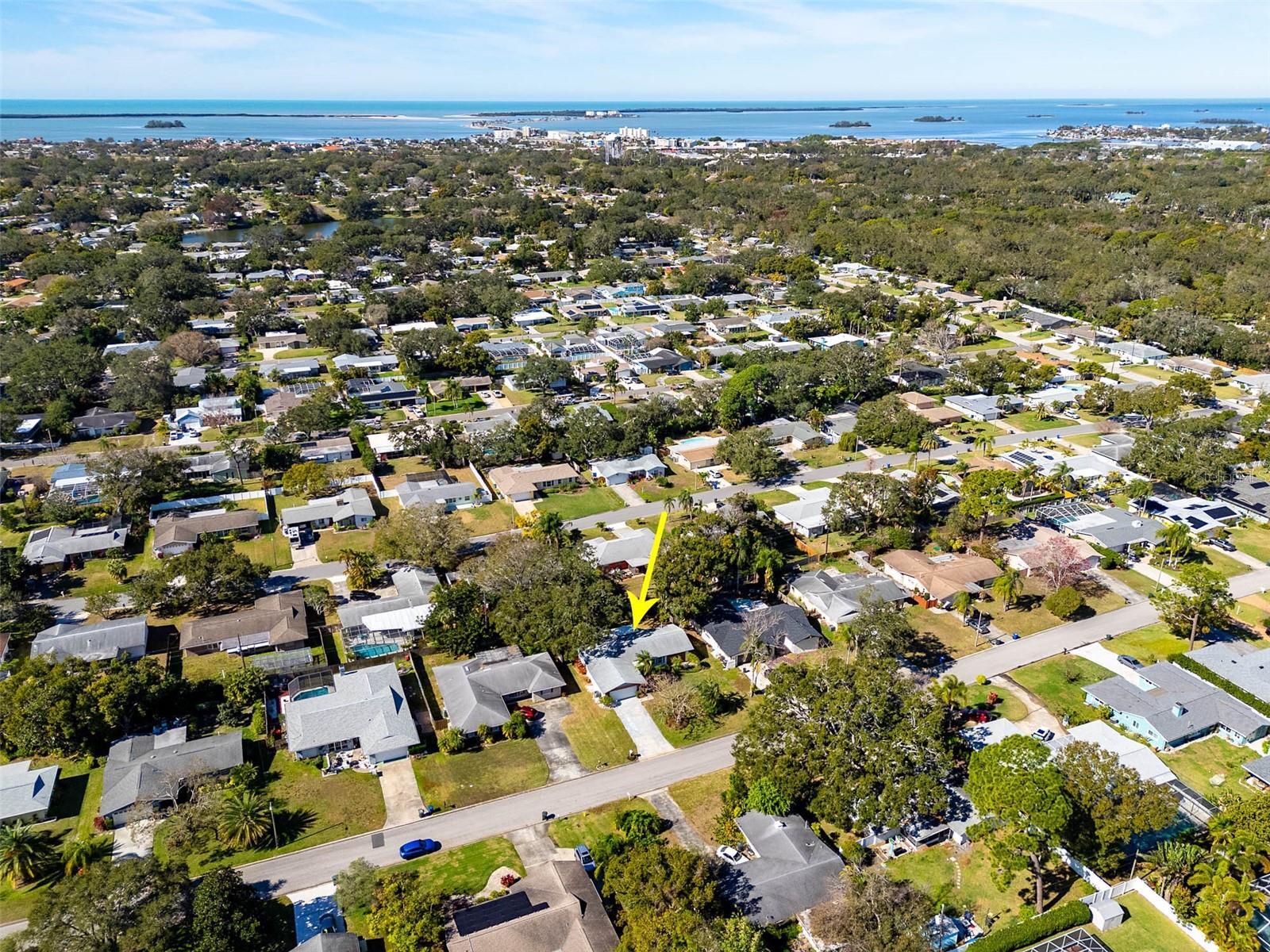 This aerial view looks a bit more Northwest and shows how close this home is to Honeymoon & Caladesi Islands!    Just a few short miles!