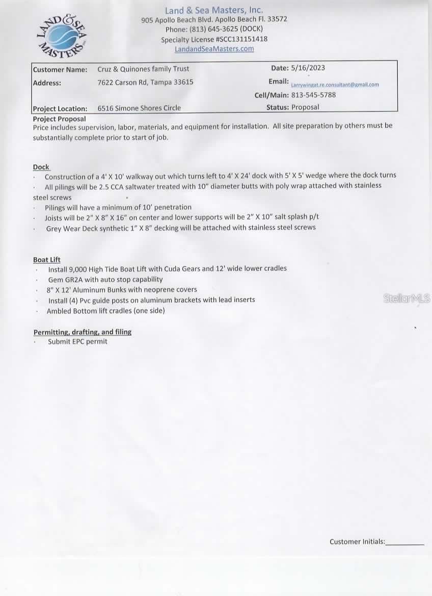 Specs FOR TO BE BUILT DOCK & LIFT OPTIONAL