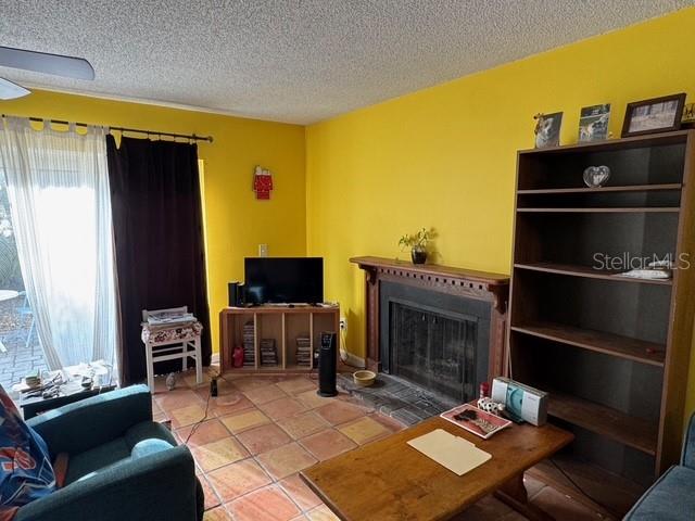 Wood burning fireplace in living room