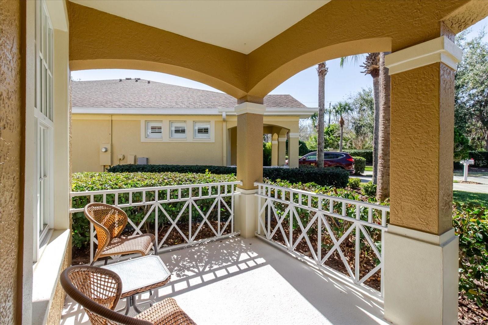 Looks out over the beautiful pond with fountain