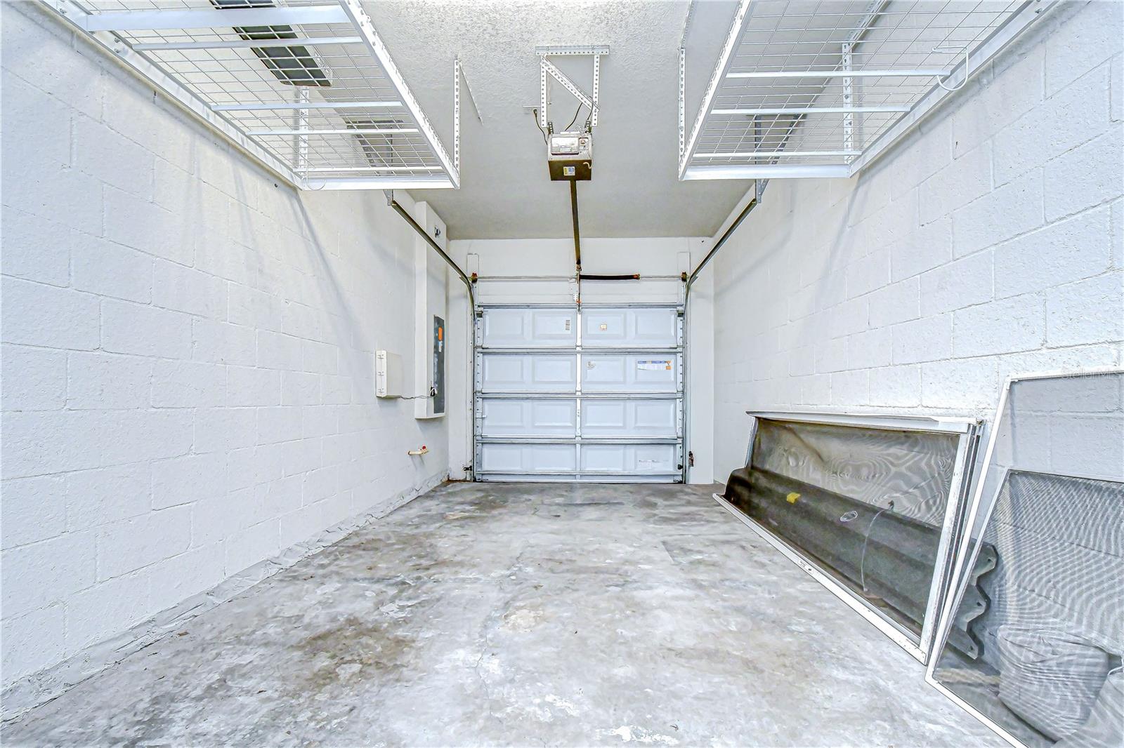 Garage with extra storage shelves!