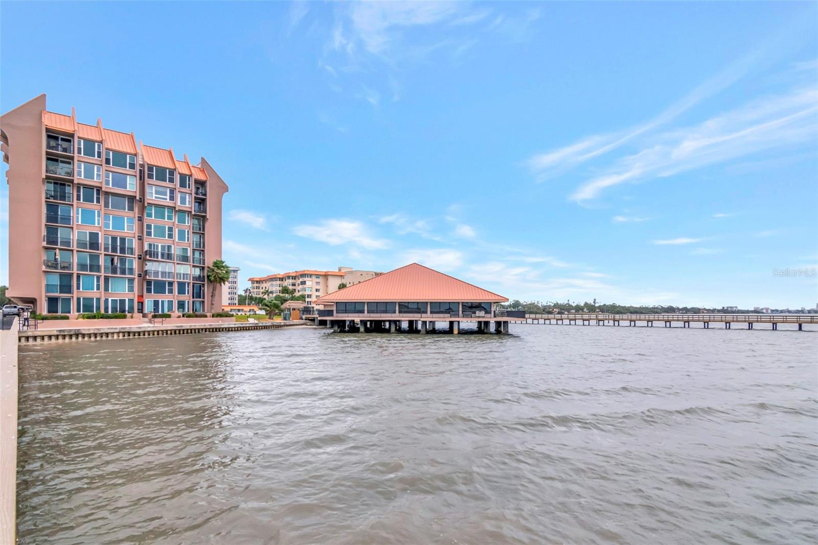 Looking towards the west side of Building 634 on the left and the Waterfront Clubhouse on the right.