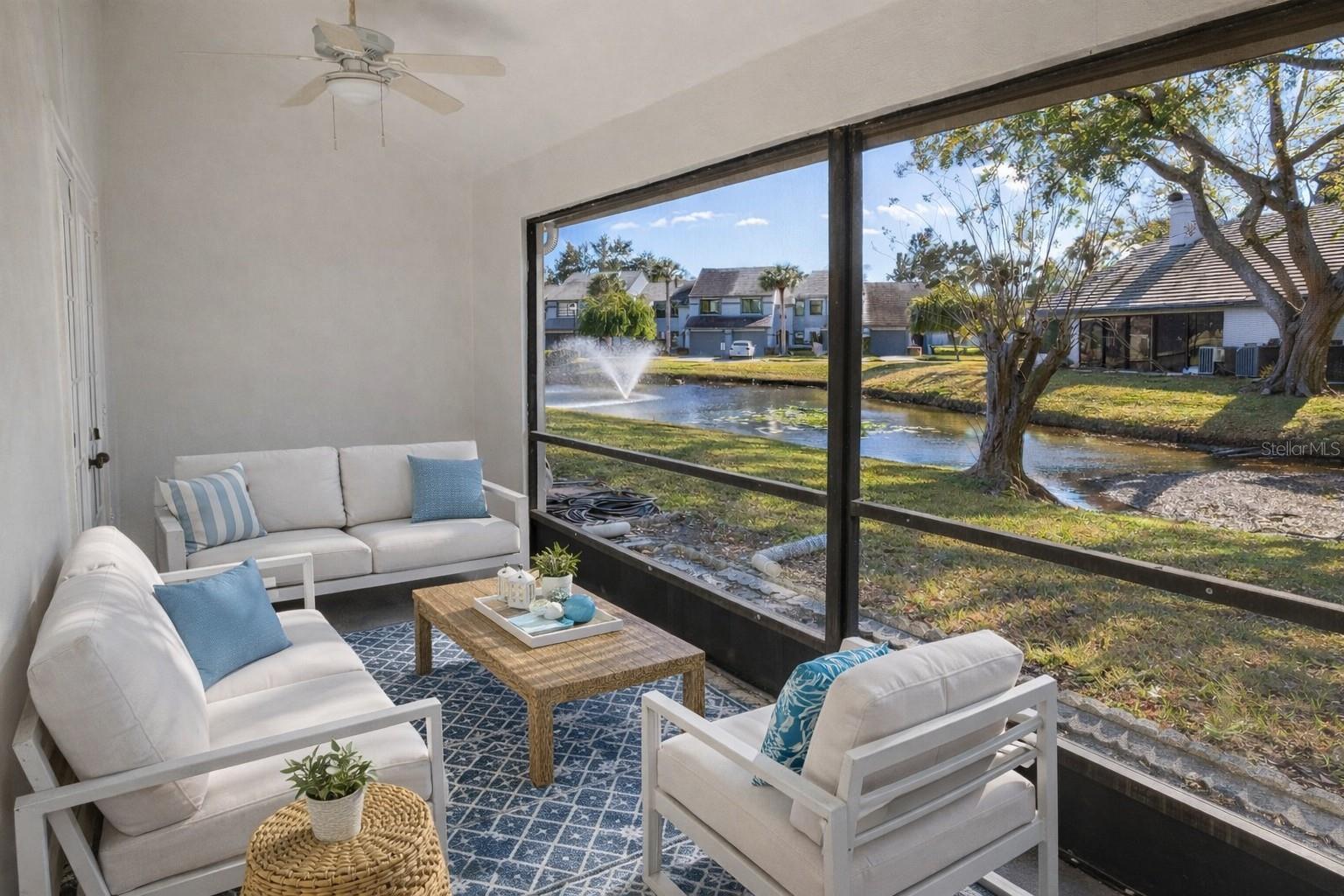 SRelax after work to the sounds of the fountain in the cool waters of the backyard pond.