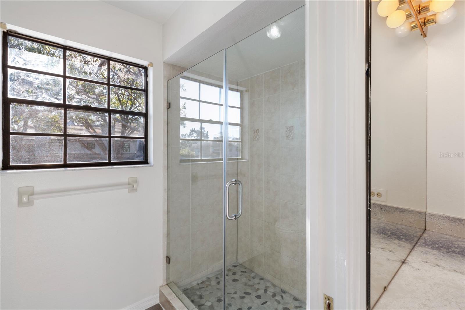Modern glass enclosed shower in the primary bath.