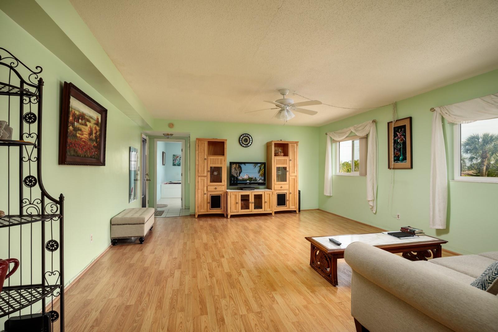 Living room (16'x19'). Impact windows face south.