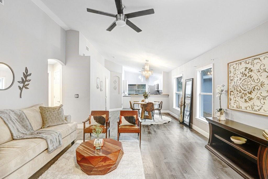 Living Area with view into Kitchen