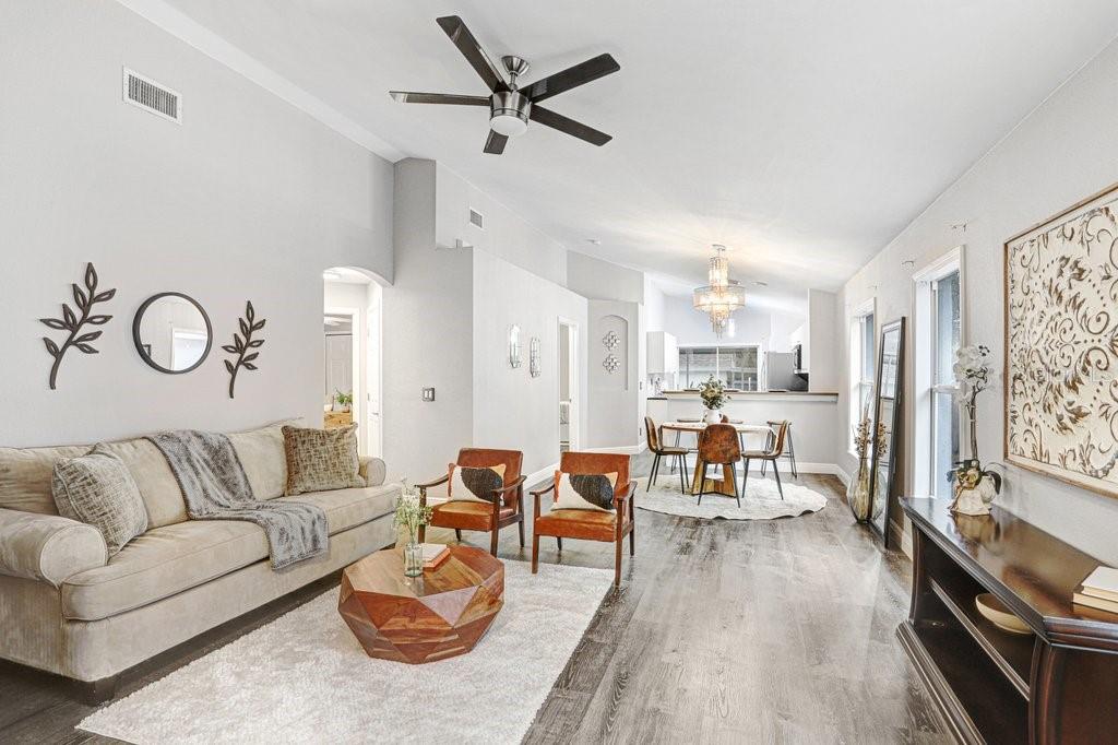 Living Area with view into Kitchen