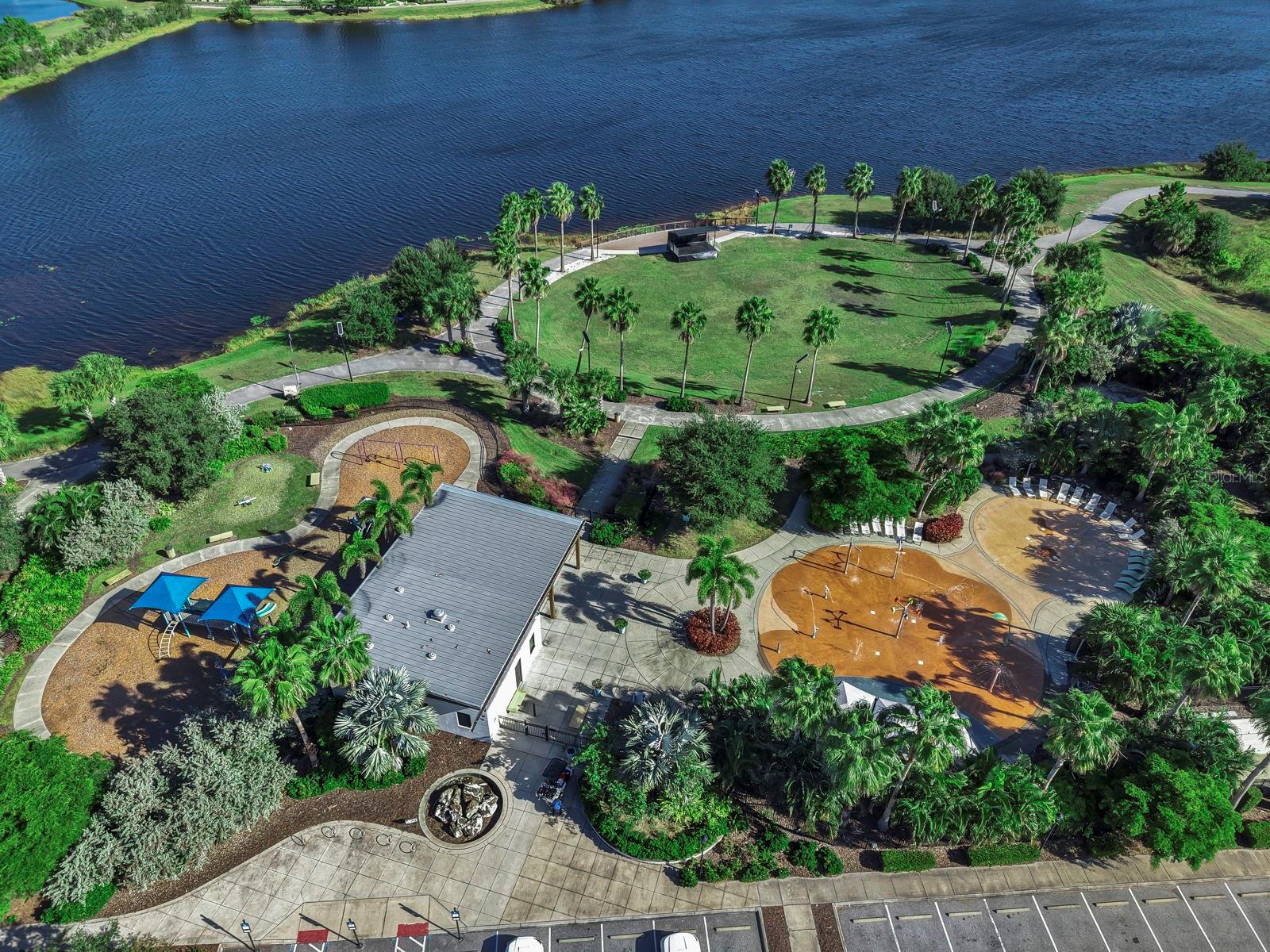 Splashpad, playground and covered area