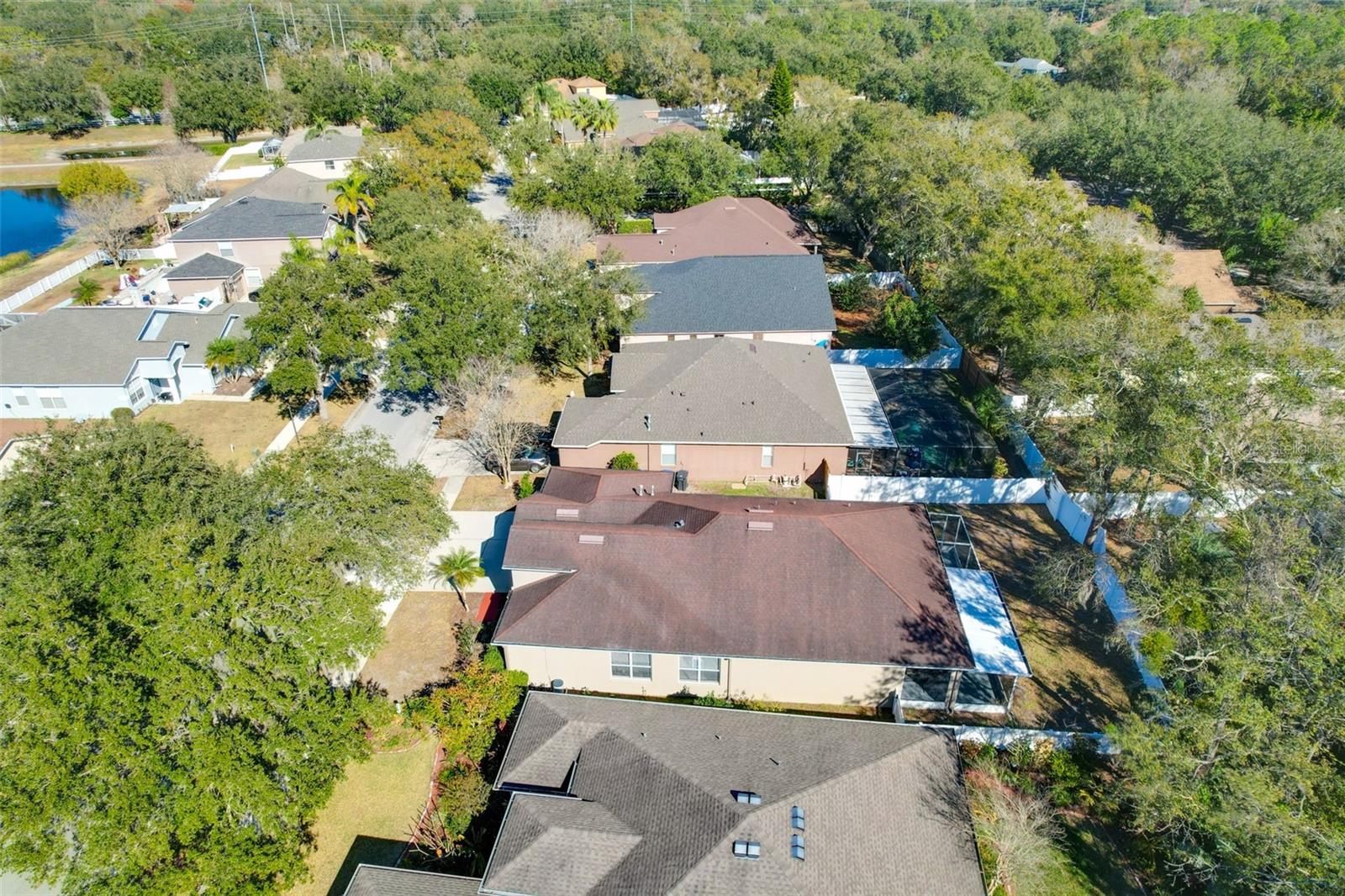 Aerial view showcasing the street and neighboring homes, highlighting a prime location within a top-rated Hillsborough County school district, just minutes from shopping, dining, and the community sports complex.