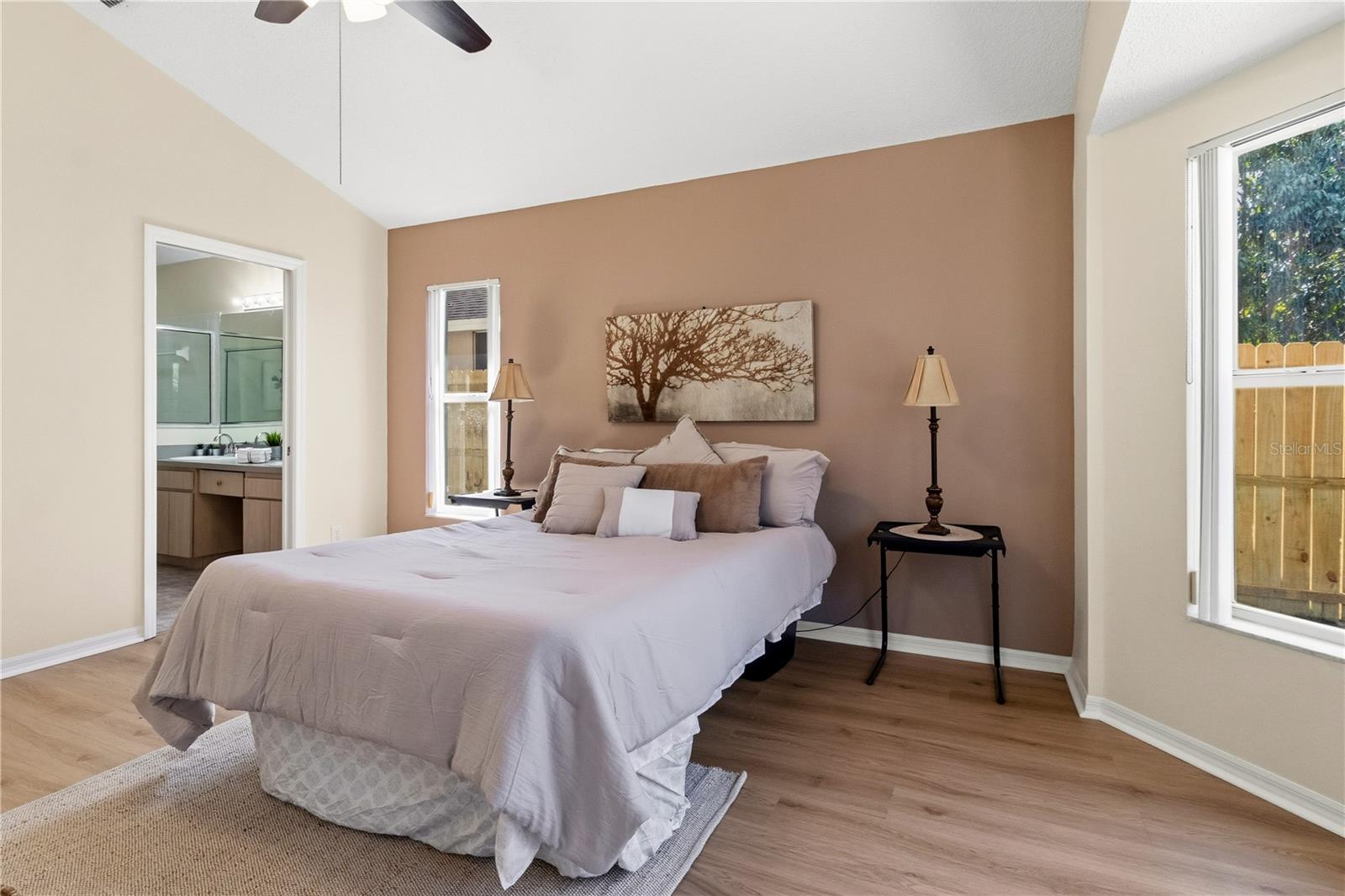 The Primary bedroom is in the back of the house off the family room