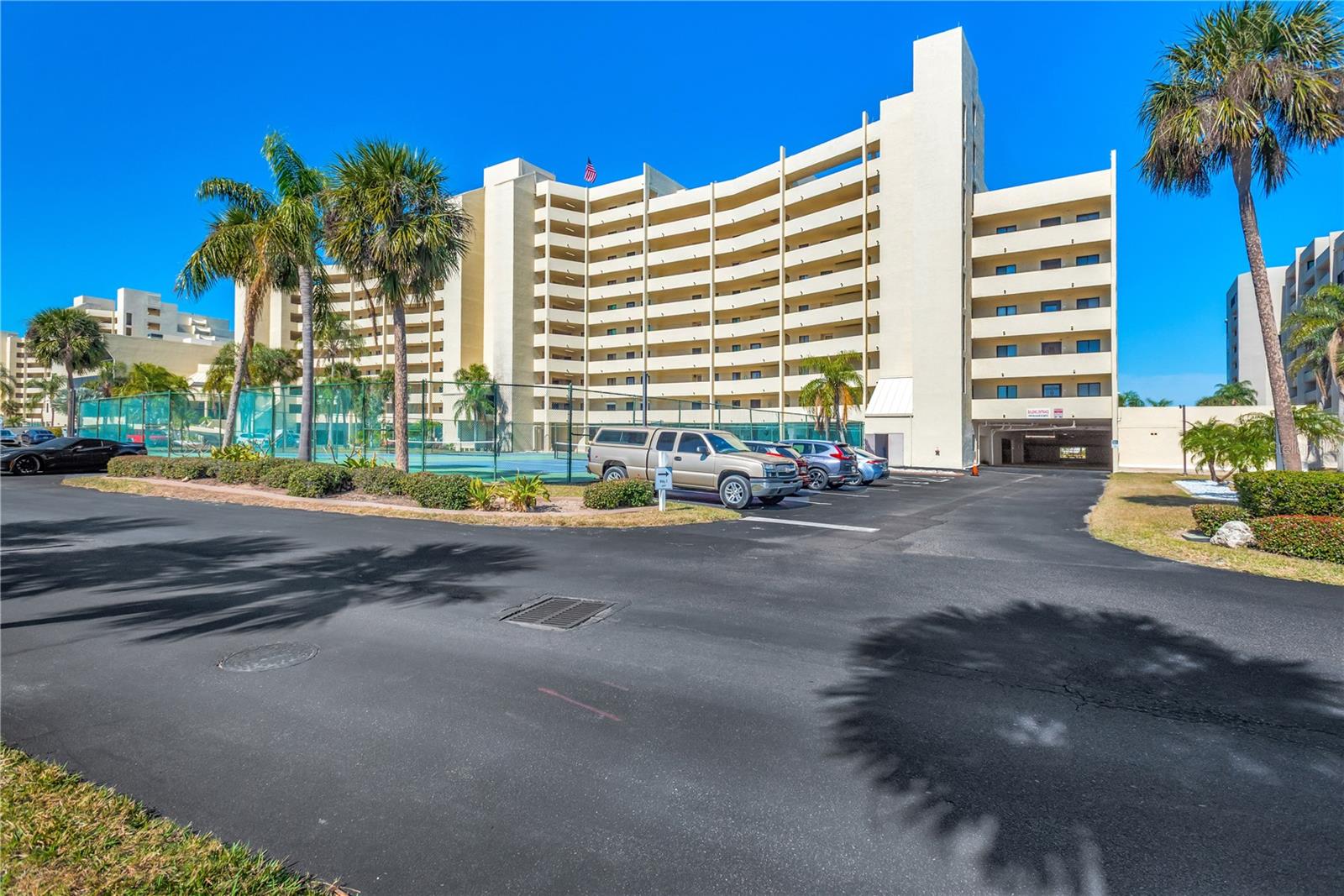 Parking lot and Building II when you enter thru gate.