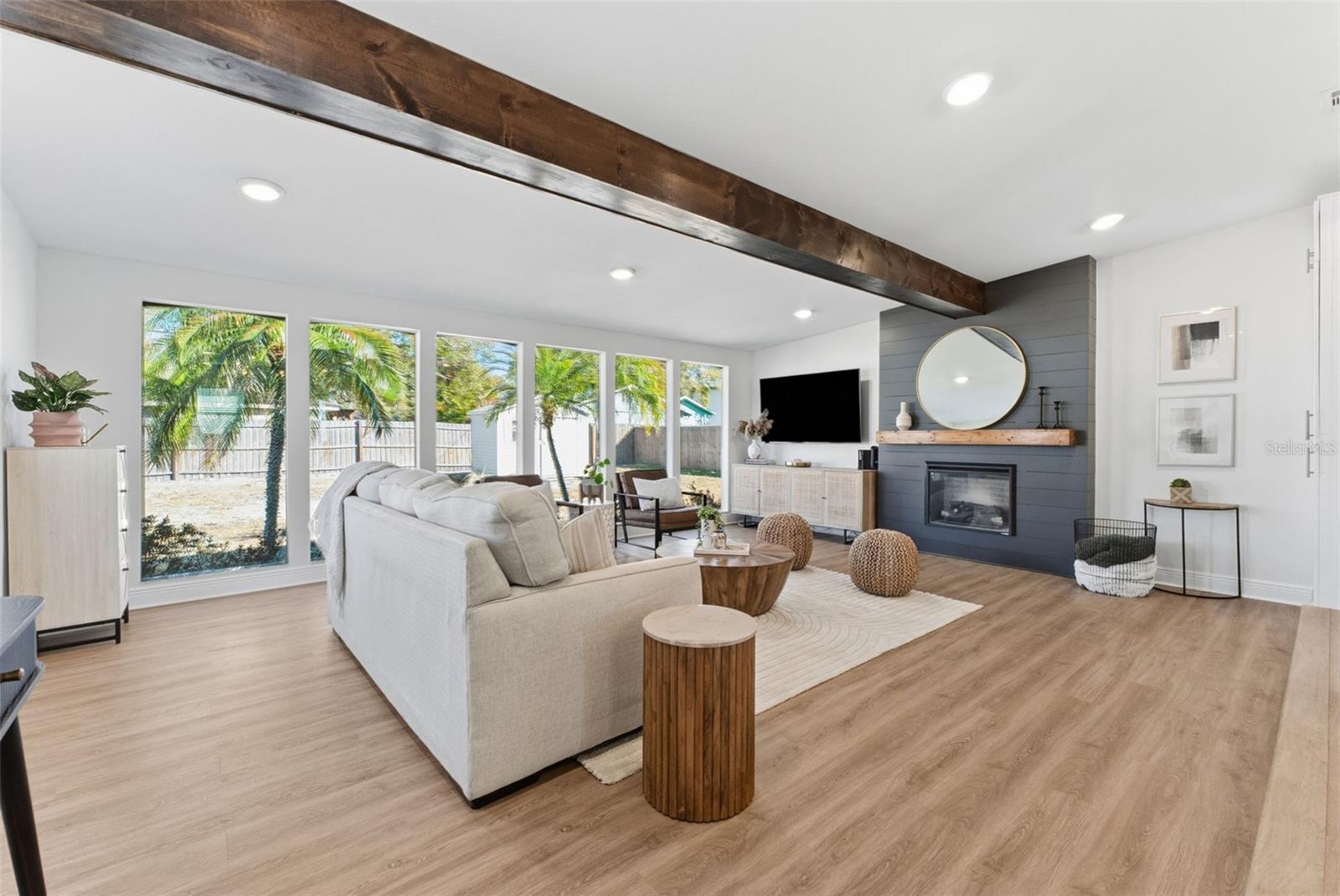 The fireplace creates a cozy vibe all year long.