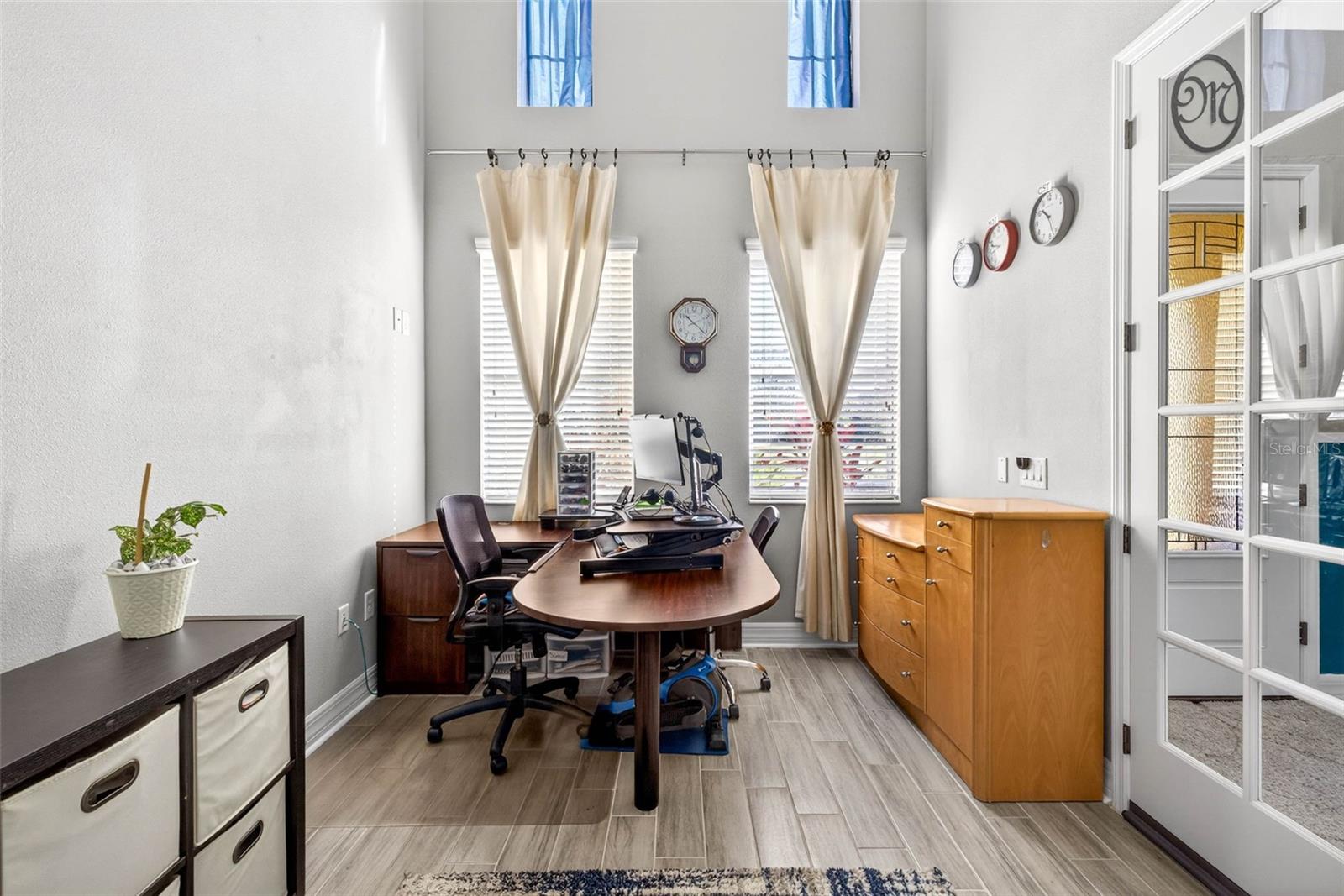 Office with glass doors.