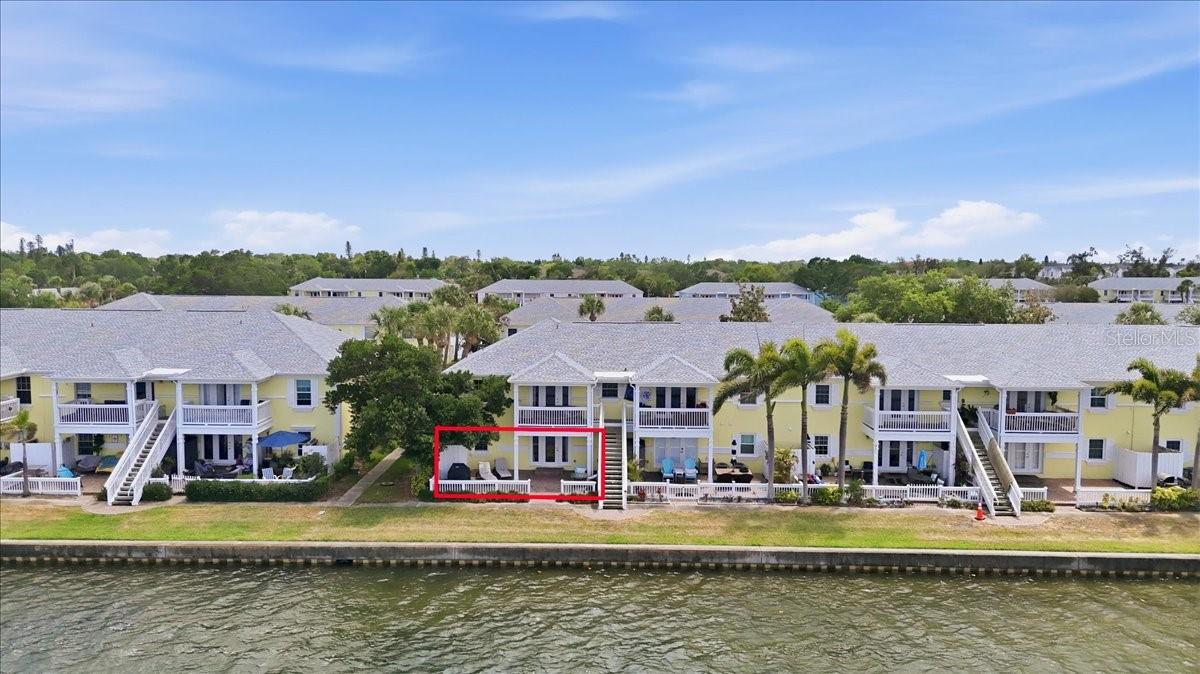Drone view of back of condo building
