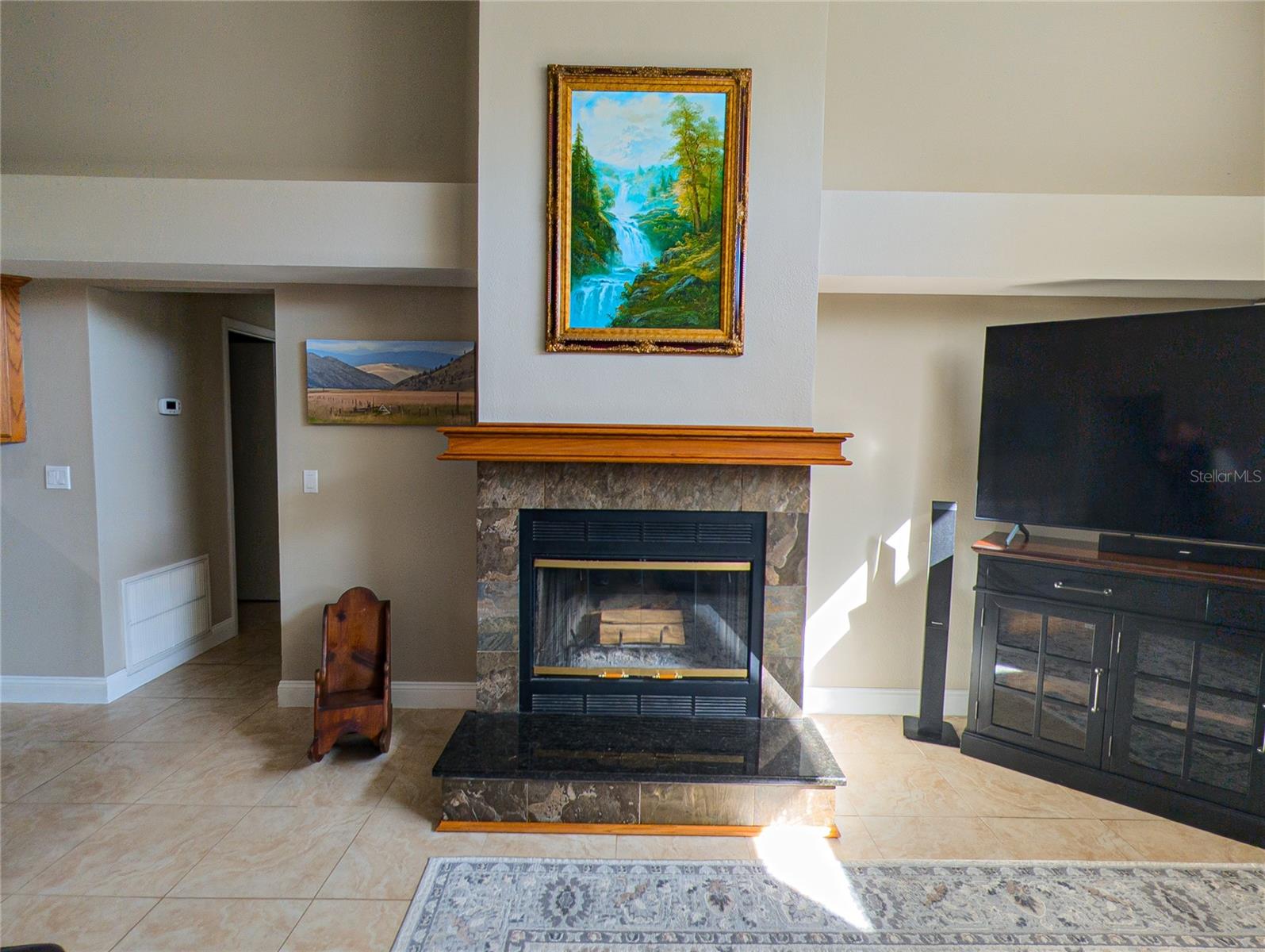 Wood burning fireplace in great room