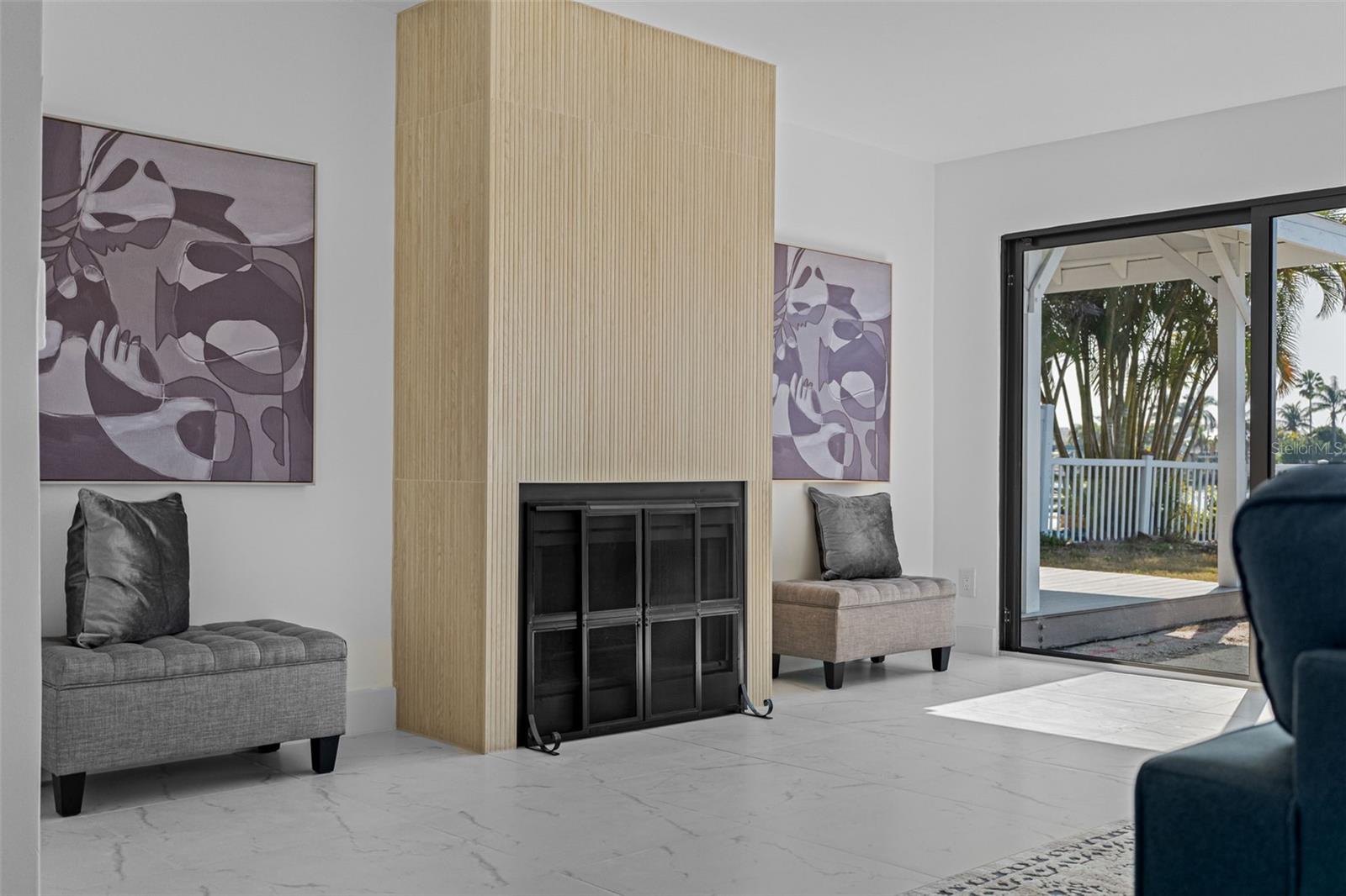 Wood burning fireplace.