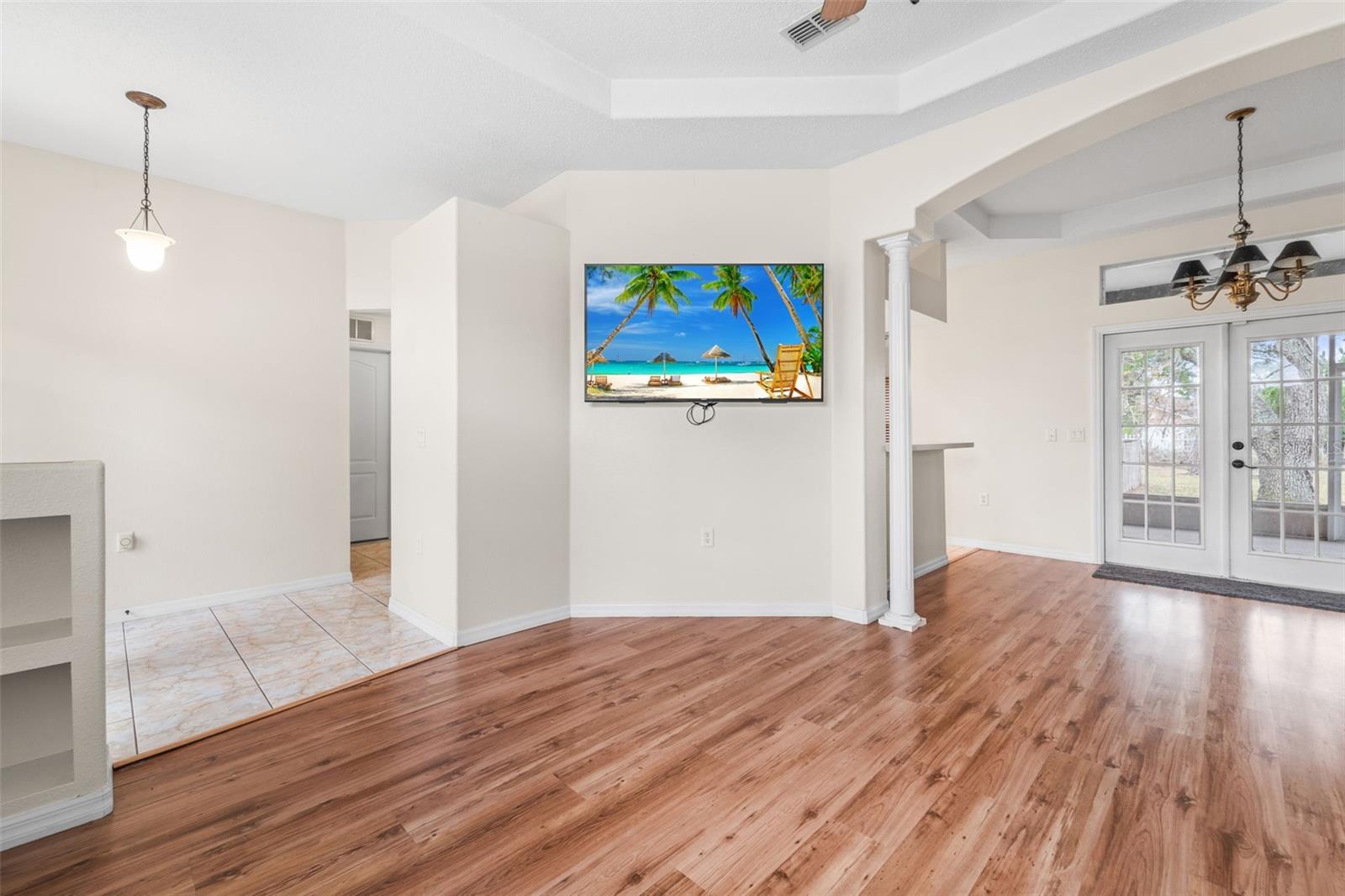 Living room with dining room view